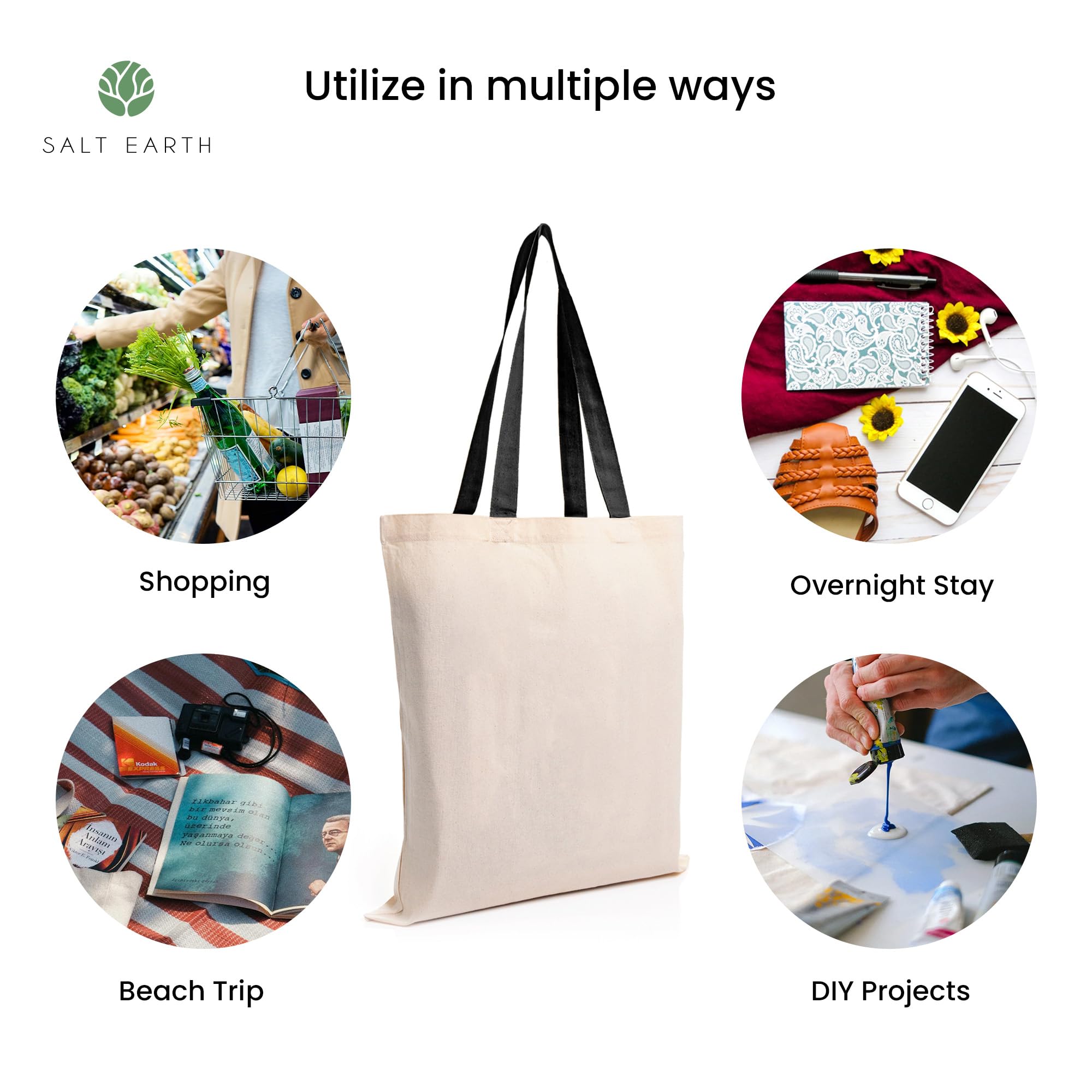 Salt Earth Pack Of 6 100% Cotton Reusable Bulk Grocery Tote Bag, Reusable Shopping Bags, Suitable For Diy,Beach Tote Bag,Promoti