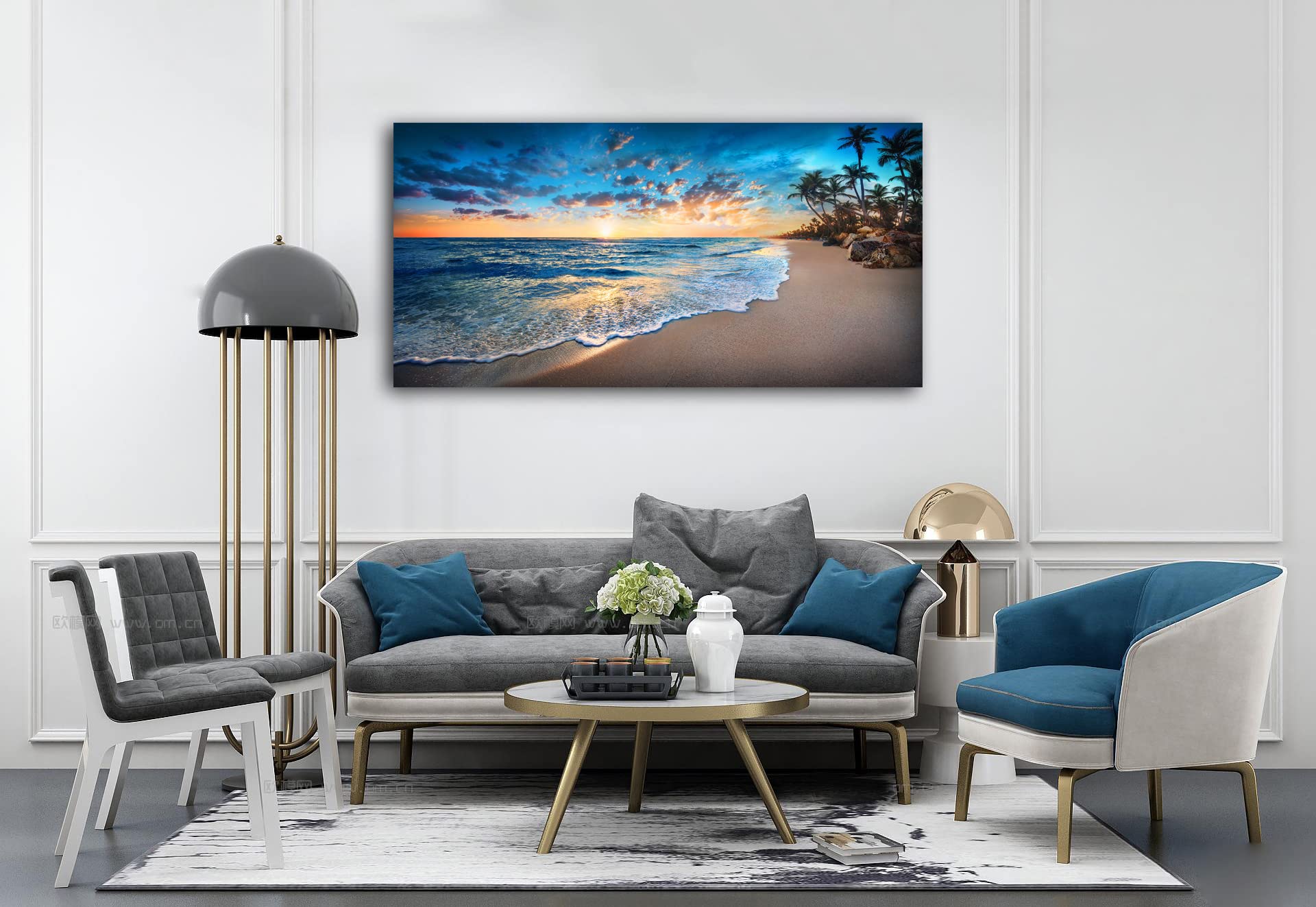 Jiuqinghua Canvas Print Wall Art - Blue Beach Ocean Landscape - 40" x 20" - Framed Wood Decor for Living Room, Bedroom, Office