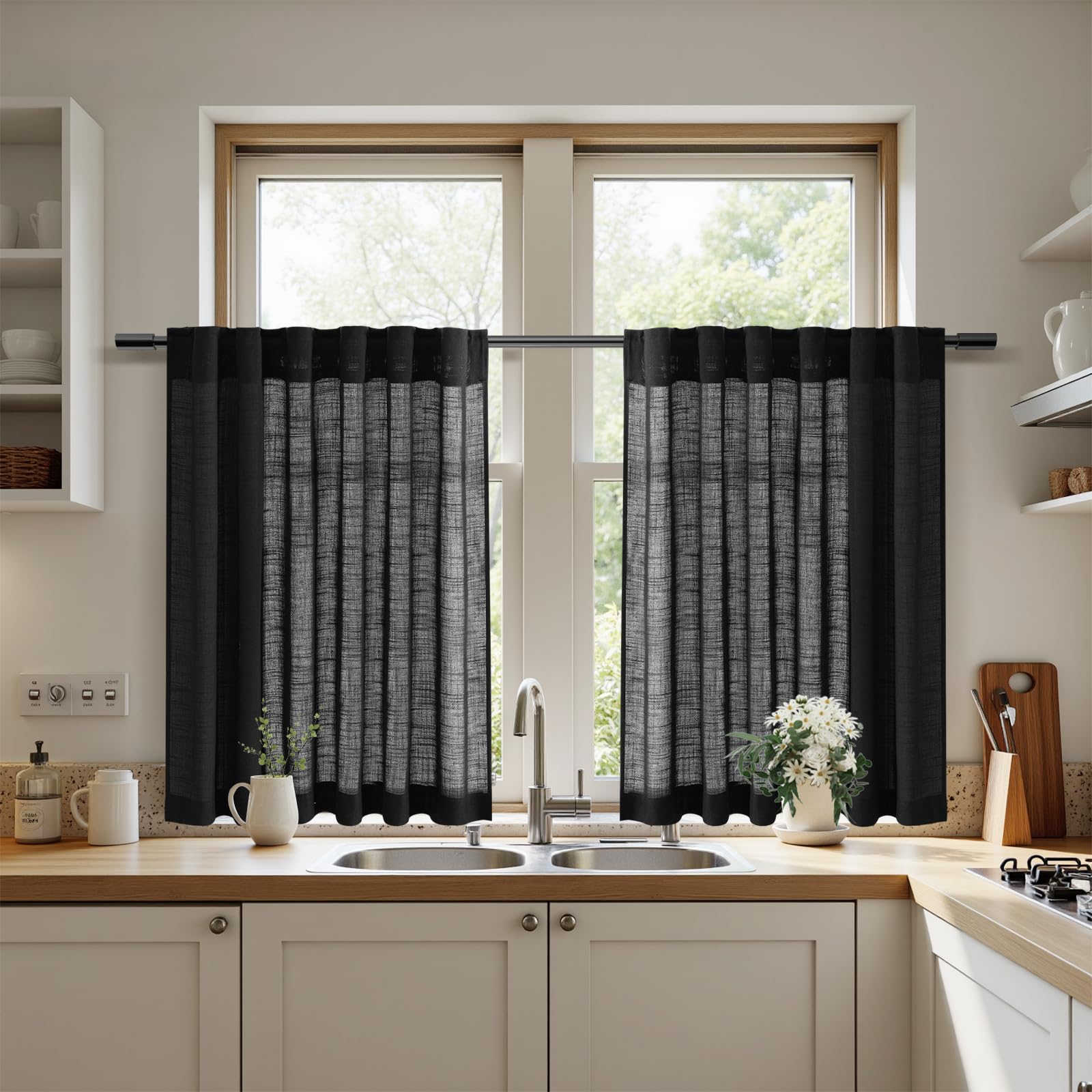 Nanspring Black Linen Curtains 24 Inch Length for Cafe Kitchen Small Windows Privacy Linen Blend Light Filtering Back Tab and Ro