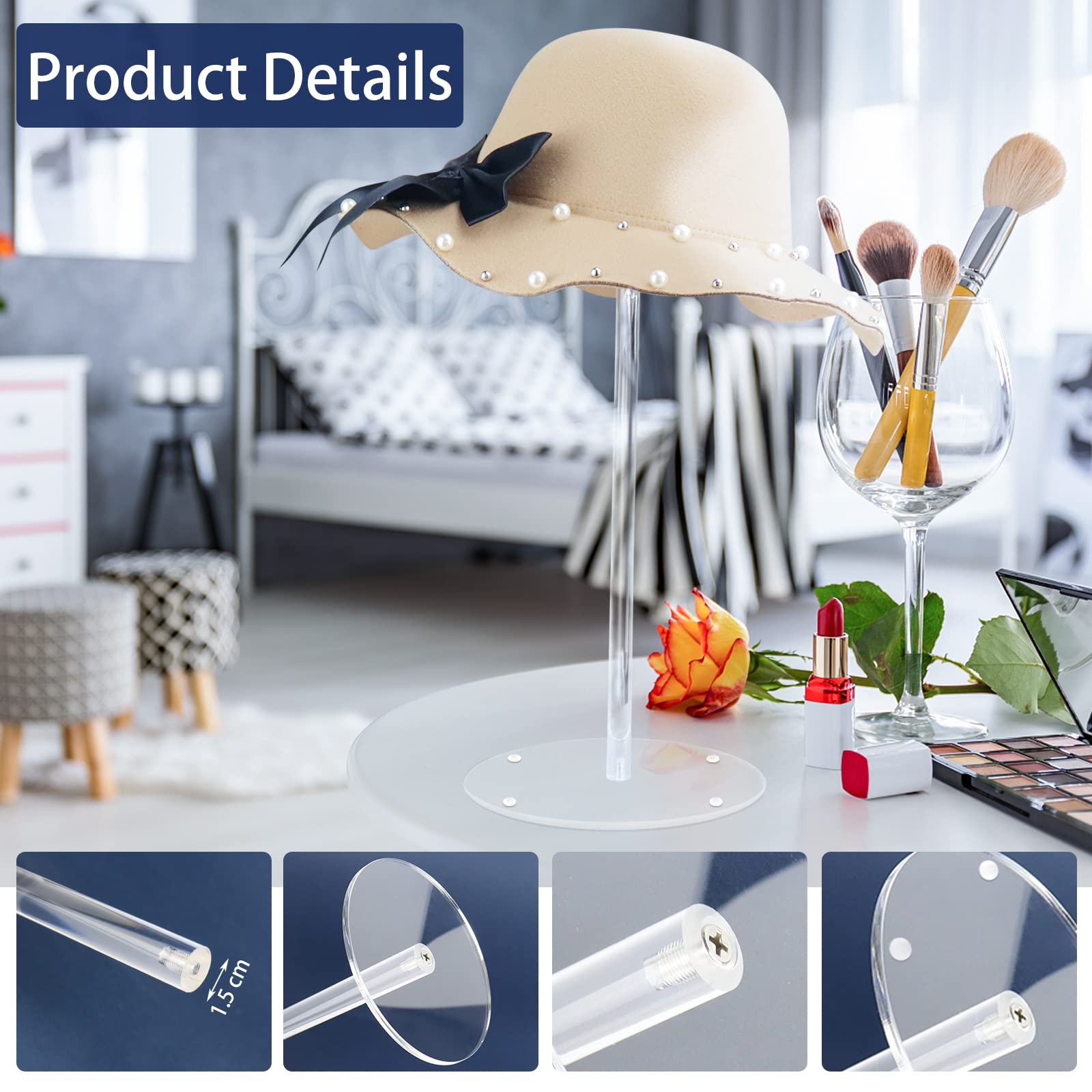 Rssciiiul Acrylic Hat Stand And Wig Display Rack, 2Pcs 17'' Clear Hat Stands For Display, Adjustable Height Hat Holder, Round Ba