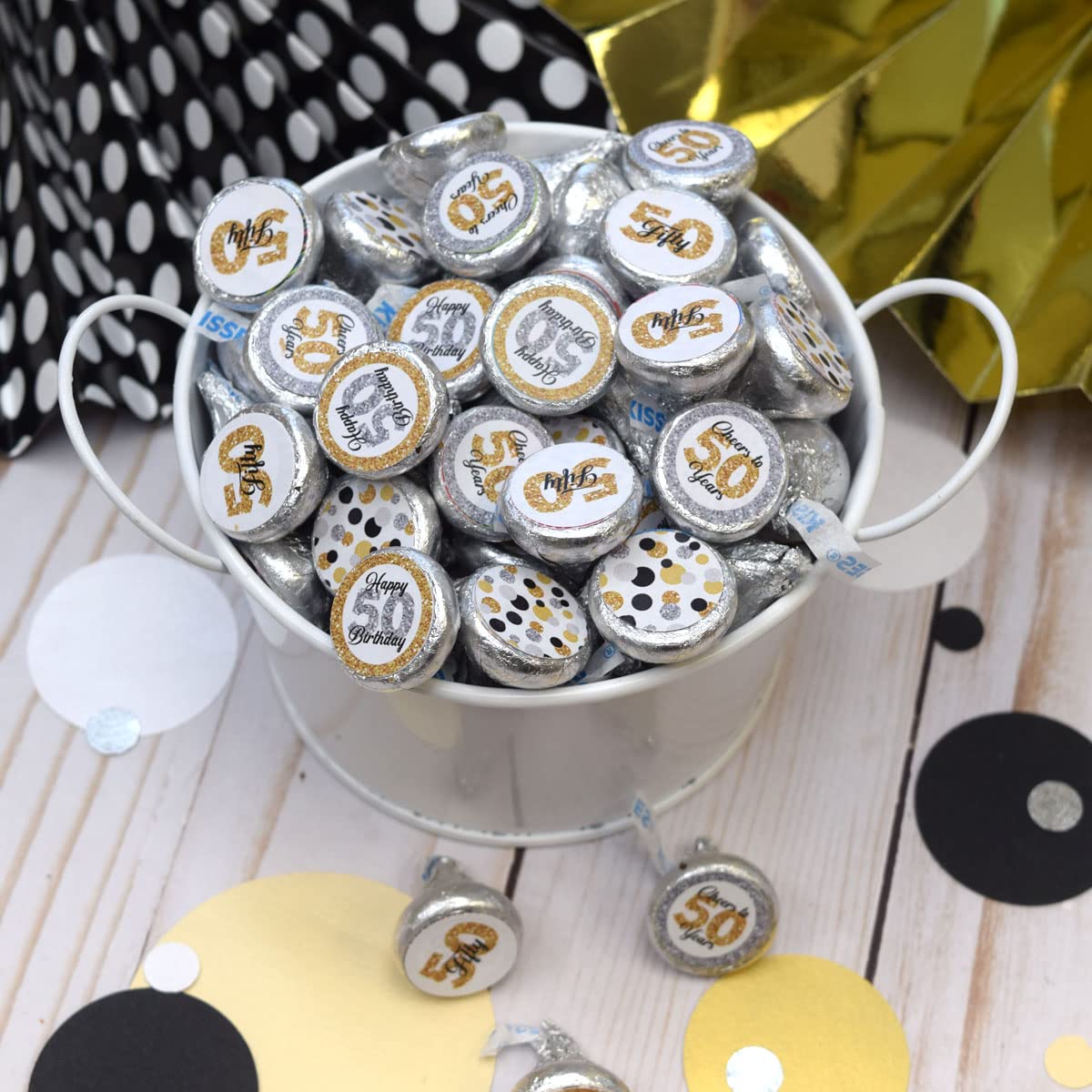 Confetti Polka Dot 50Th Birthday Party Kiss Sticker Labels, 300 Party Circle Sticker Sized 0.75    For Chocolate Drop Kisses By