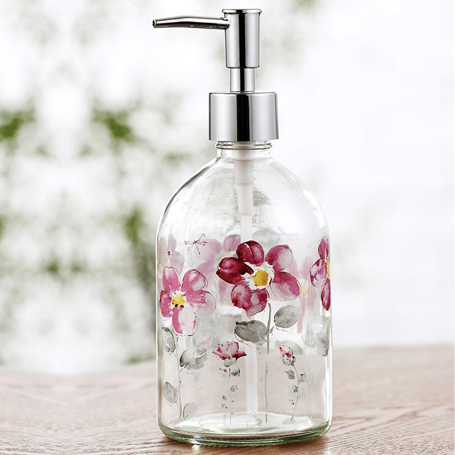 17Oz Flower Glass Soap Dispenser Bottle With Plastic Pump