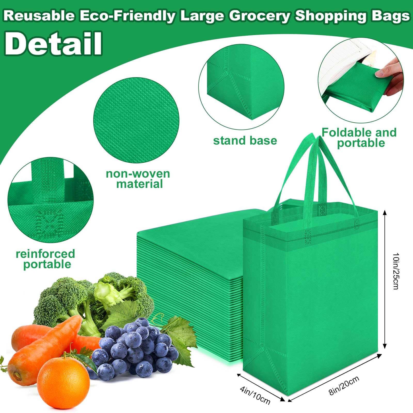 Windyun 50 Pcs Reusable Tote Bag Bulk 8 x 4 x 10 Inch Non Woven Shopping Bag with Handle Christmas Reusable Grocery Gift Tote(Gr