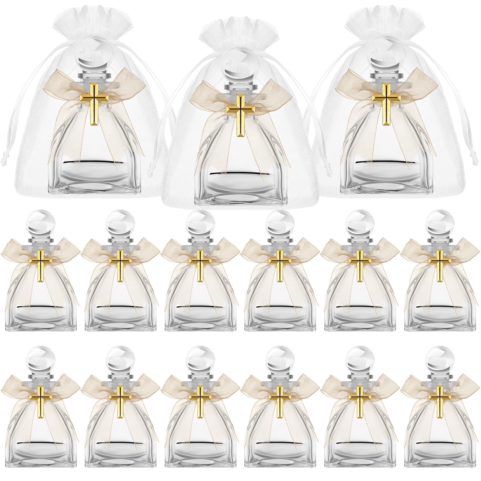 Chuangdi 24 Set Holy Water Bottles Catholic Clear Holy Water Container 50ml Christian Glass Bottle with Cross Lapel Pin and Lace