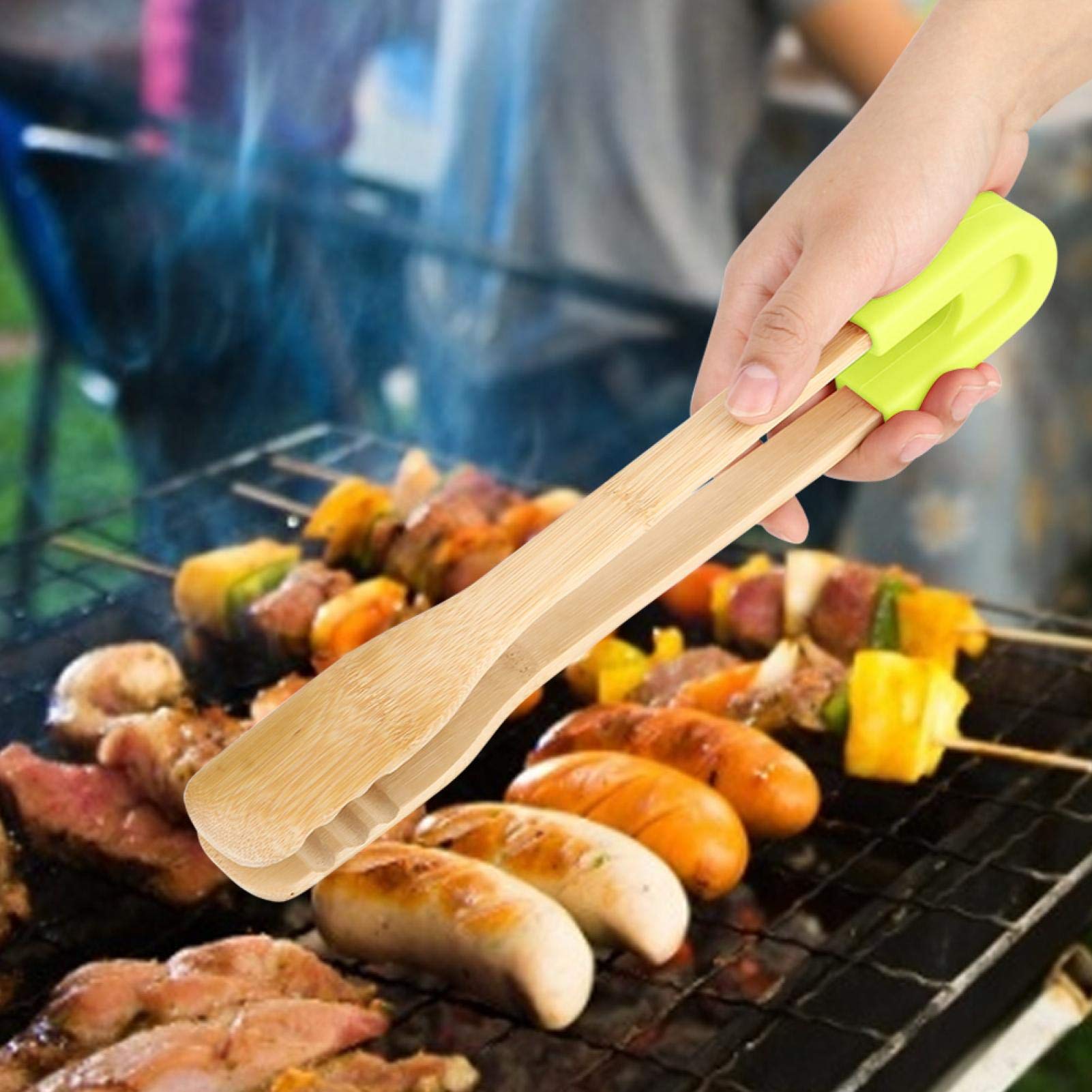 Omabeta Reusable Kitchen Tongs,Barbecue Tongs, Bbq Clip Heat Resistant Wooden With Anti-Slip Silicone Handle Cooking Bbq Serving