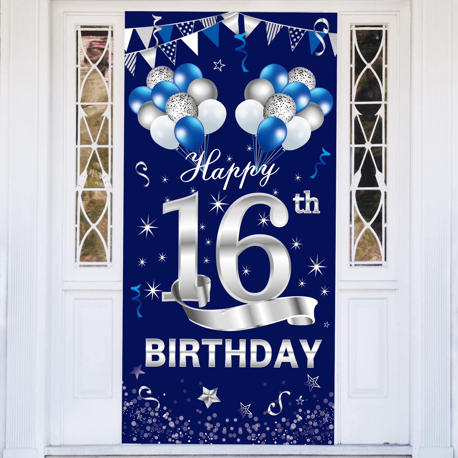 Turypaty Blue Silver 16Th Birthday Door Banner Decorations, Happy 16 Birthday Door Cover Sign Party Supplies For Boys, Sweet 16