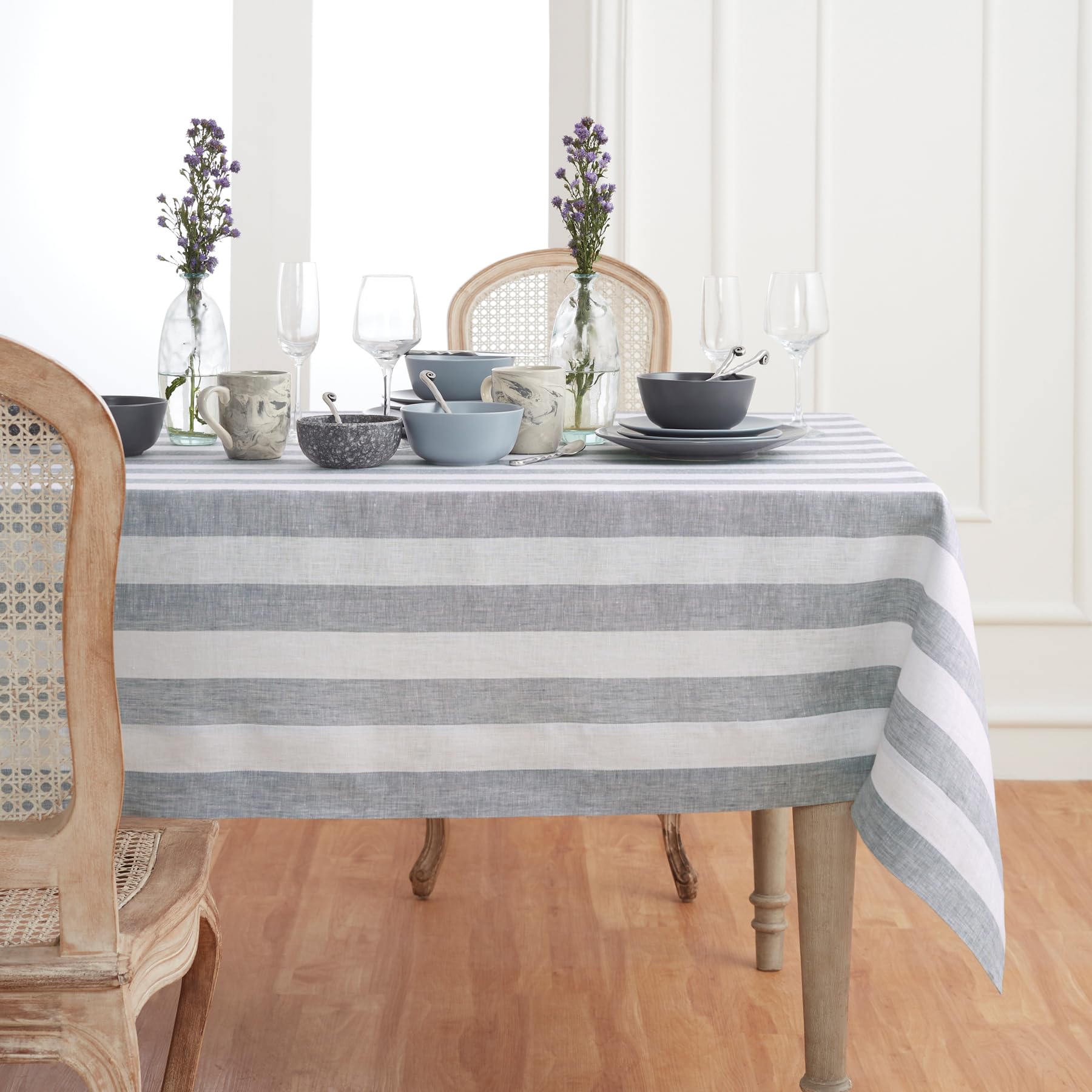 Solino Home Cabana Stripe Linen Tablecloth 120'' L X 60'' W Inch - 100% Pure Linen Grey And White Tablecloth For Spring, Easter