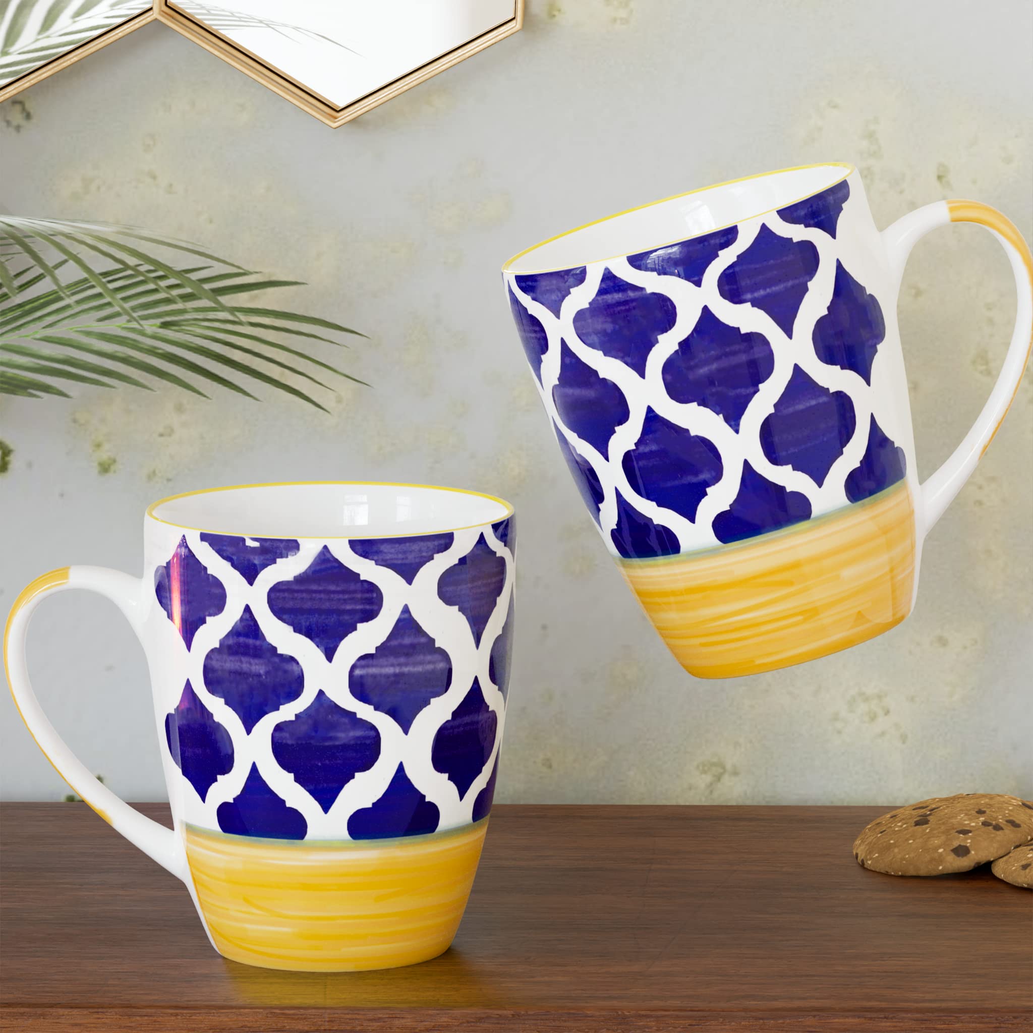 The Earth Store Moroccan Yellow Blue Coffee Mug Set of 2 Ceramic Tea Mugs, Milk Mugs,Microwave Safe Coffee Mugs,Ceramic Tea Cups