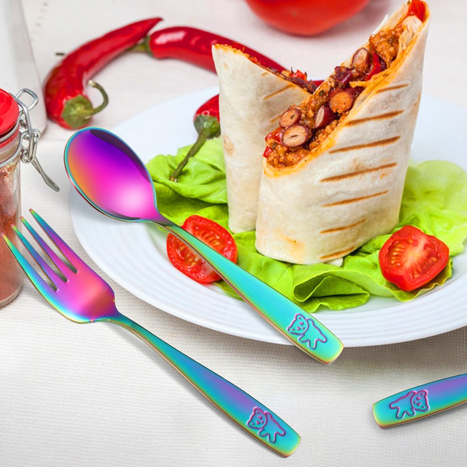 Pimoys 12 Pieces Toddler Utensils Kids Rainbow Silverware Set, Stainless Steel Childrens Safe Forks and Spoons, Metal Kids Cutle