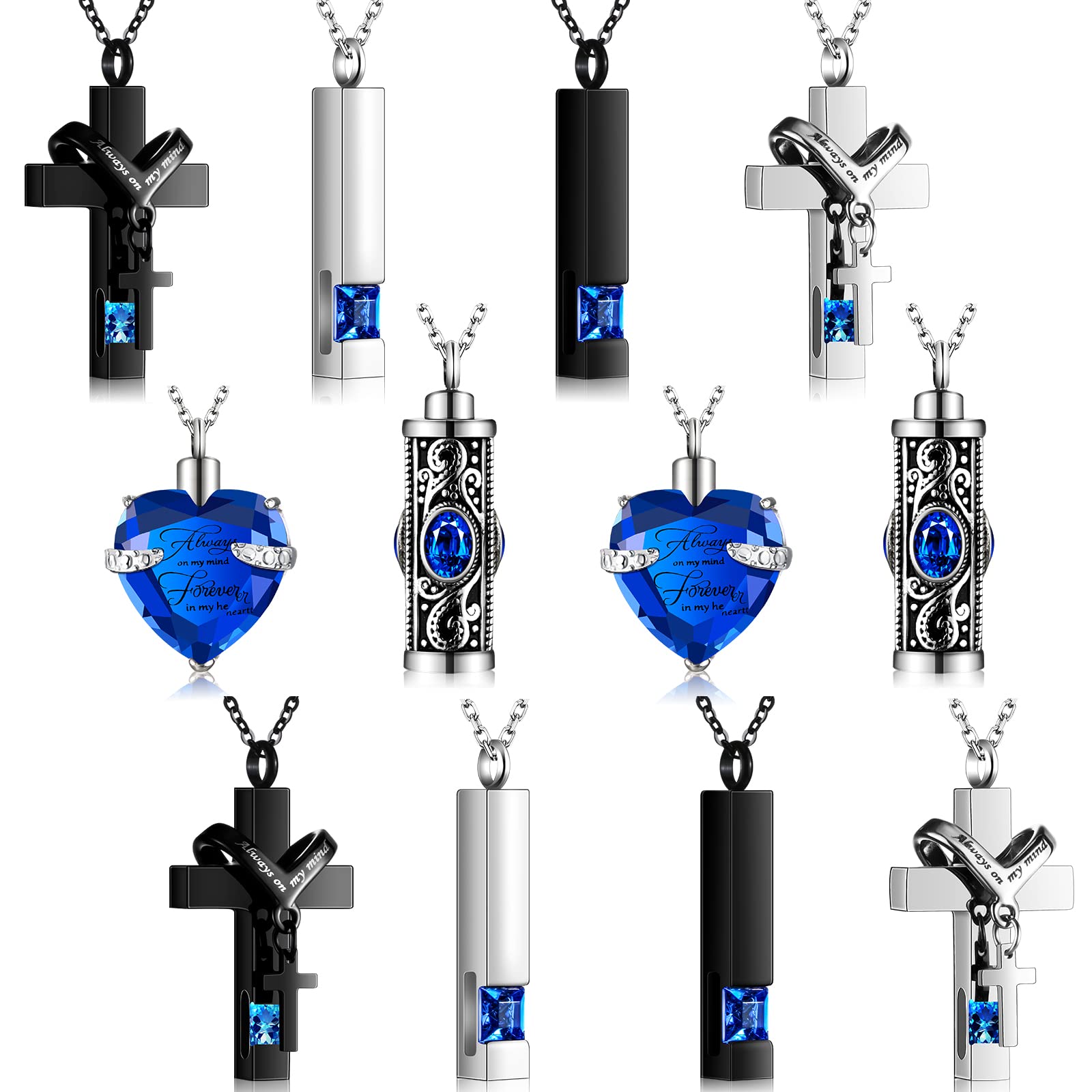 Henoyso 12 Pcs Urn Necklace for Ashes Bulk Cremation Cross Heart Cubic Jewelry Stainless Steel Memorial Locket for Men Women(Dar