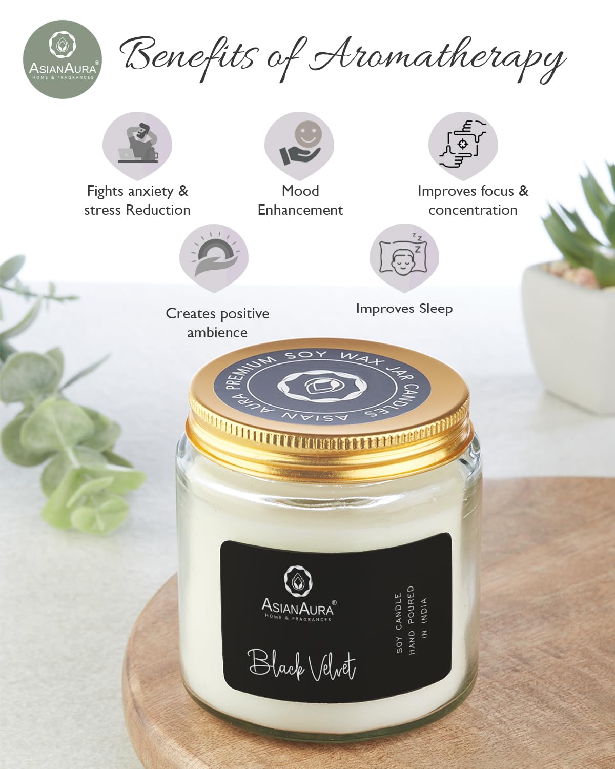 Asian Aura Scented Glass Jar Candle - 450g (Gross Wt.) - Black Velvet |36 Hours Burn Time |Smoke-Free Aroma Candle for Home Frag