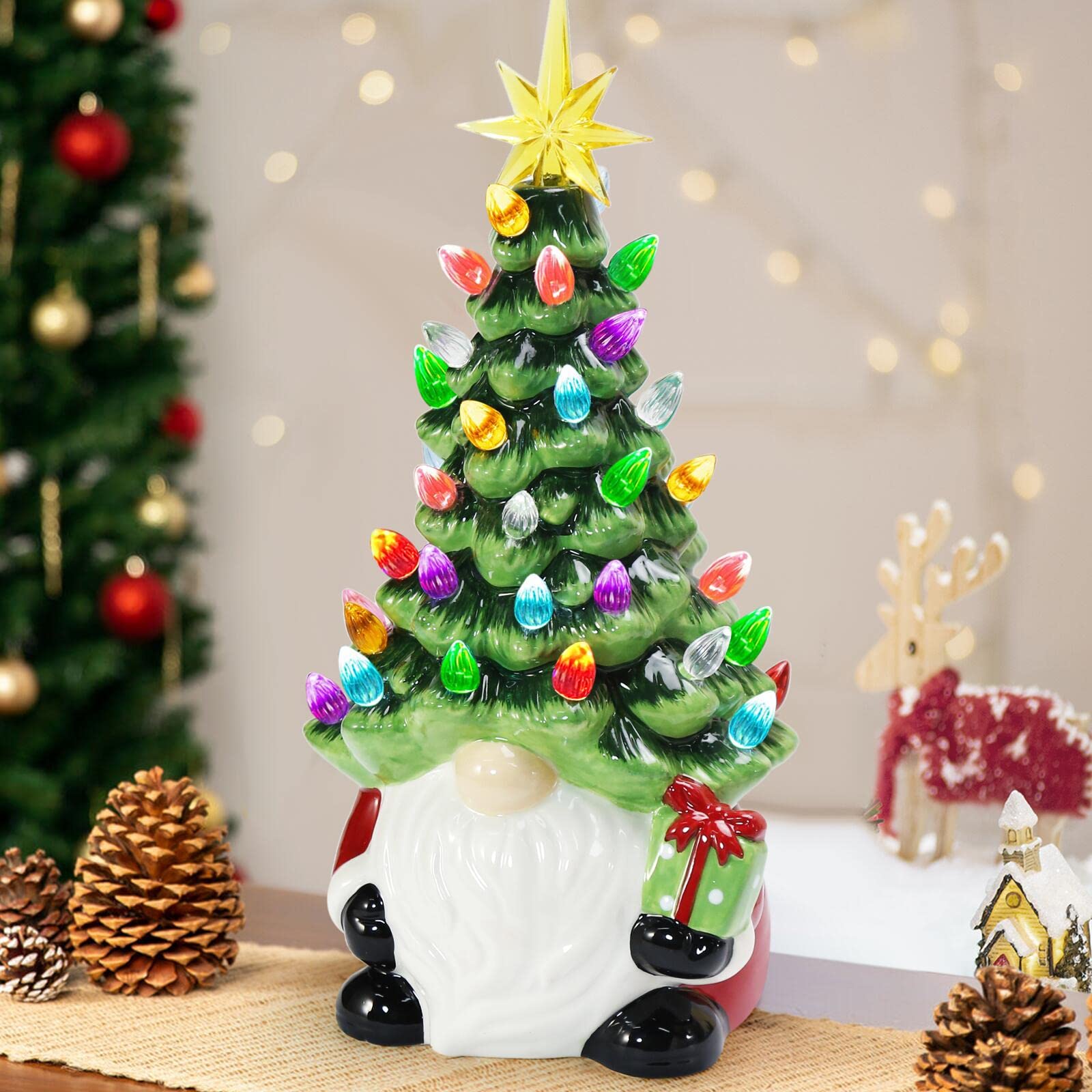 ORIENTAL CHERRY Christmas Decorations - 12    Lighted Up Gnomes Ceramic Christmas Tree with 46 Multicolored Lights - Small Mini 