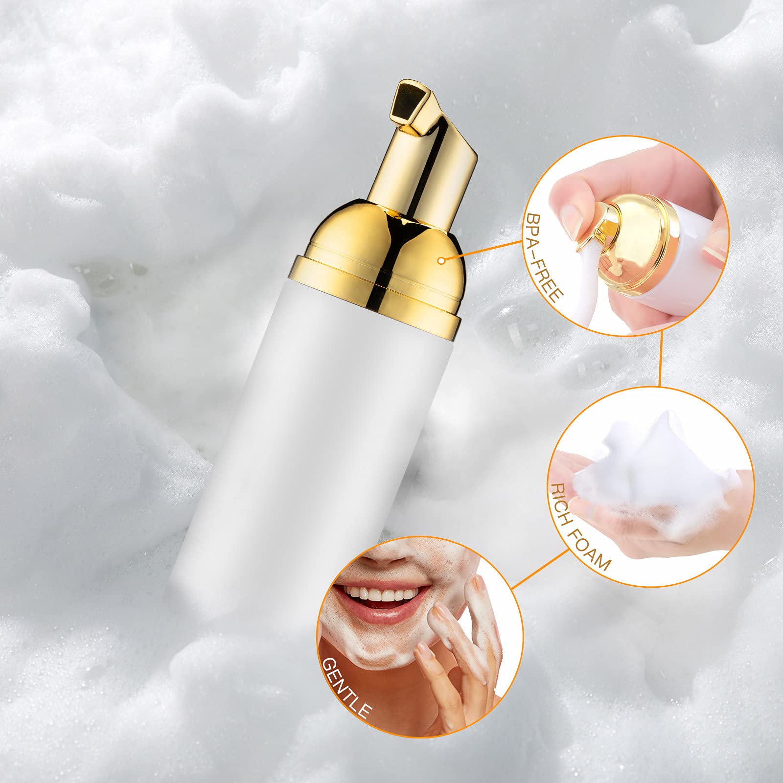 Tekson 2 Oz Foam Bottle With Gold Pump, Empty Travel Foaming Dispensers For Soap, Shampoo (3Pcs, Gold)