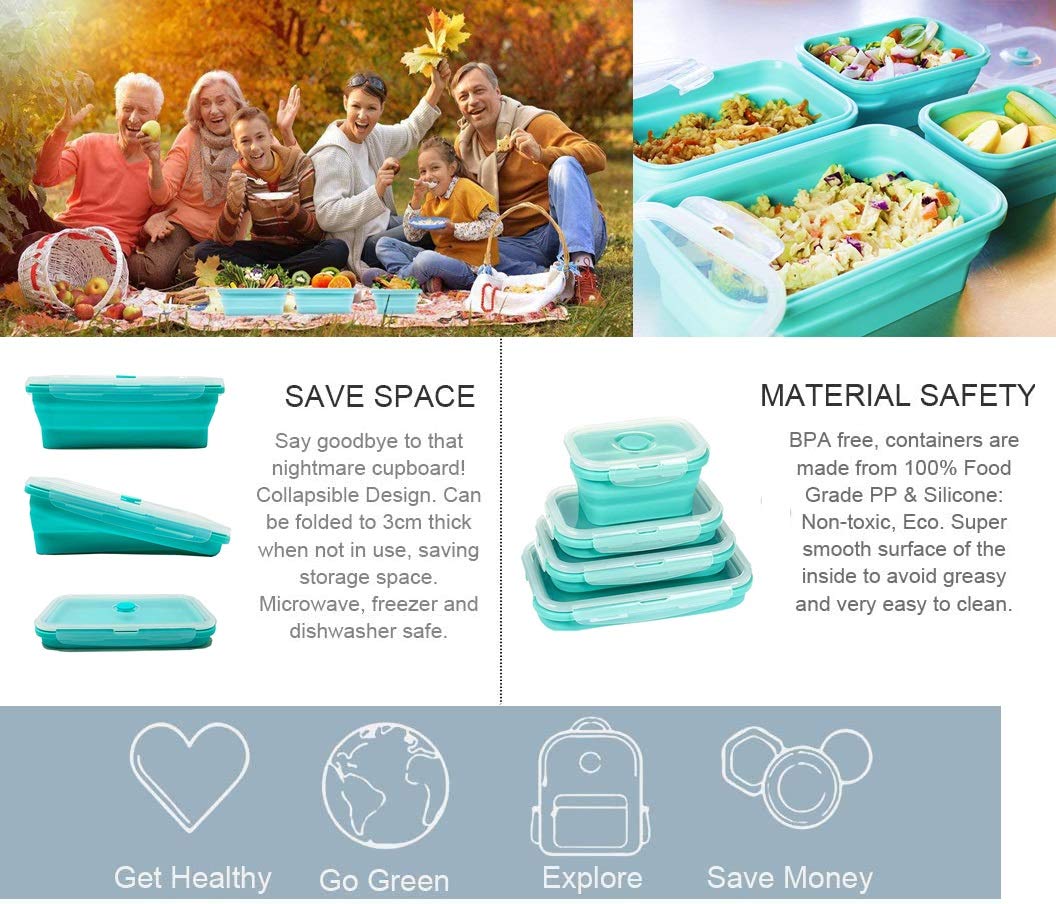 Amazing Containers Collapsible Silicone Food Storage Container Set Of 4 With Lids | Stackable | Microwaveable | Freezer, Dishwas