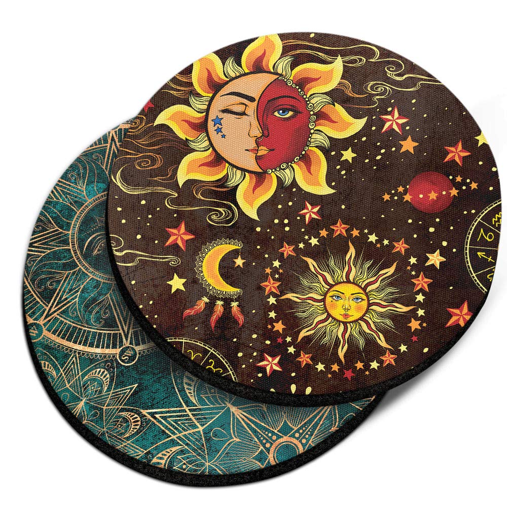 Caribou Coasters, Celestial Sun Moon And Stars + Teal Bohemian Flowers Compass Design Absorbent Round Fabric Felt Neoprene Car C