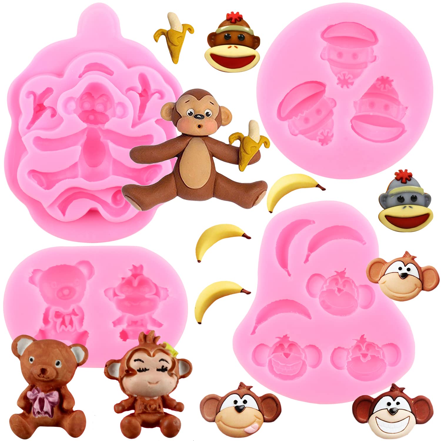 Lkdquthm Monkey Banana Silicone Molds Bear Fondant Molds For Cake Decorating Cupcake Topper Candy Chocolate Gum Paste Polymer Cl