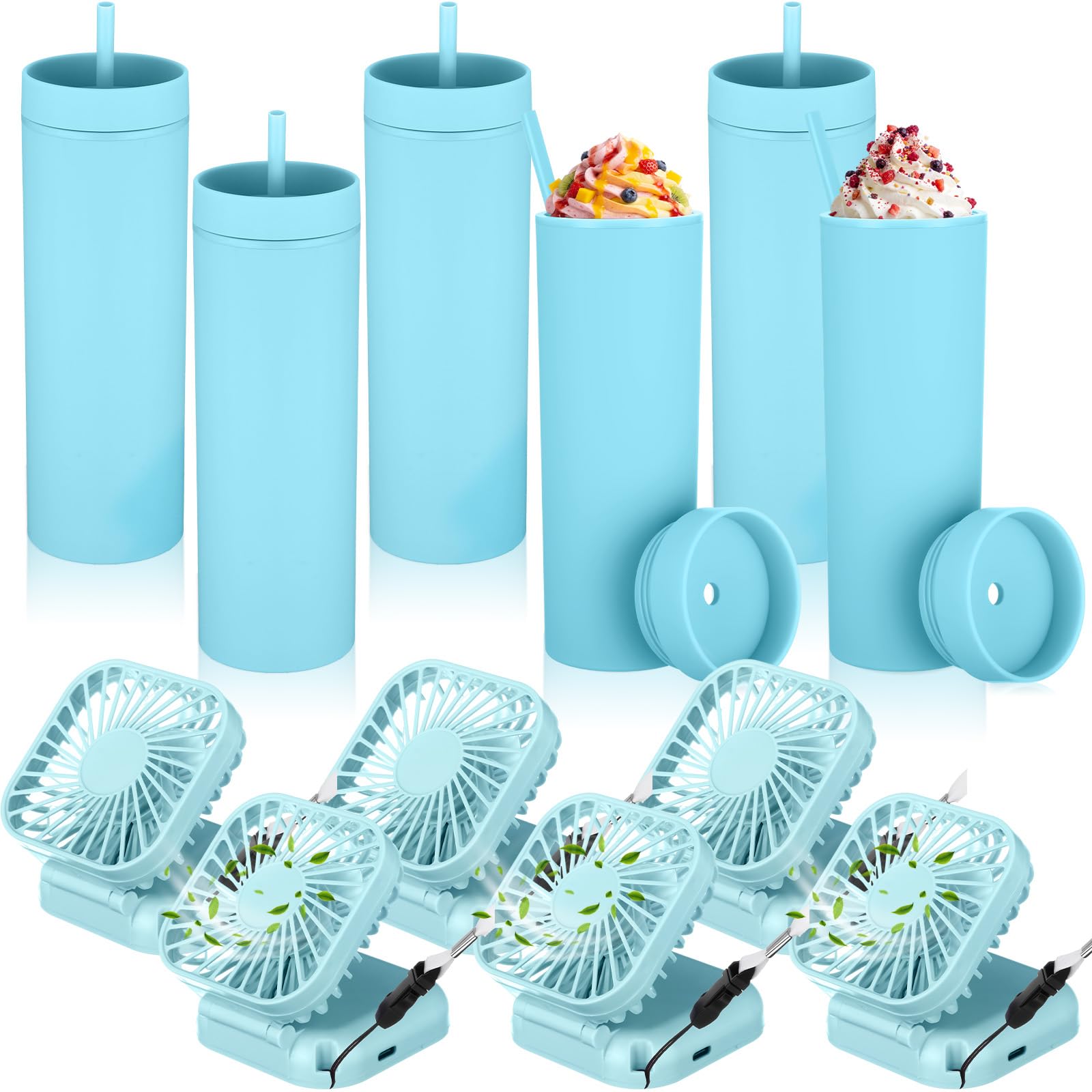 Reallnaive 12 Pcs Skinny Tumblers Bulk with Mini Portable Fan, Blue