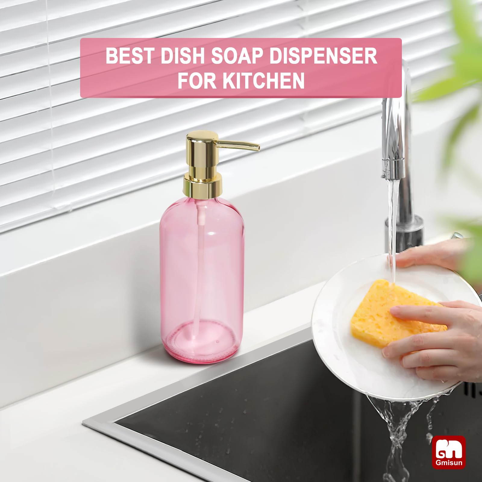 Gmisun Pink Soap Dispenser Bathroom, 1 Pack Glass Dish Soap Dispenser For Kitchen With Rustproof Plastic Gold Pump, 16 Oz Bathro