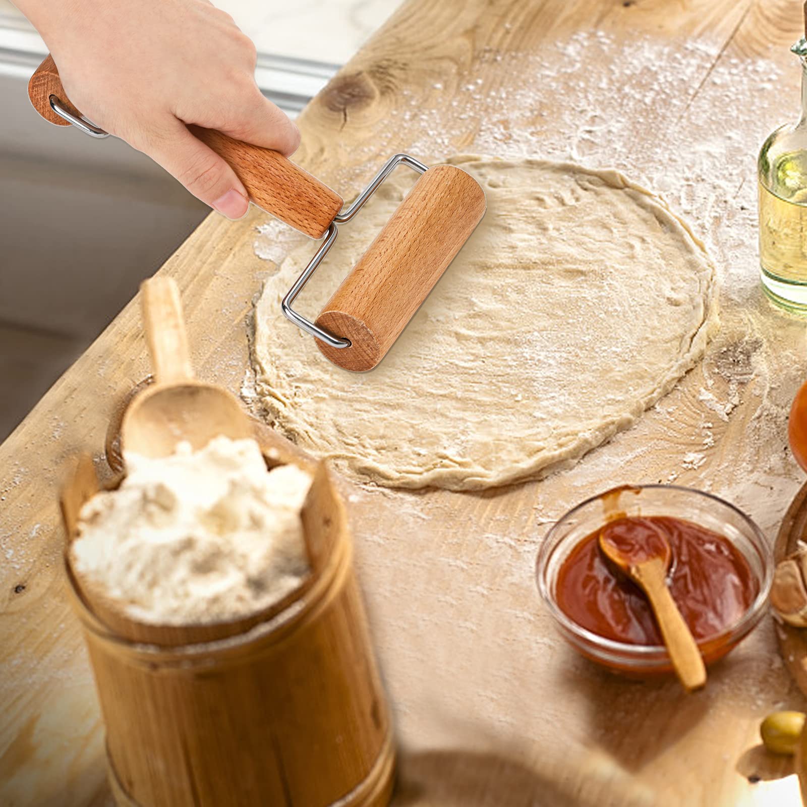 Hiceeden Set Of 2 Pizza Dough Roller & Dough Docker, Stainless Steel Dough Hole Maker Puncher Wooden Rolling Pin For Pizza, Cook