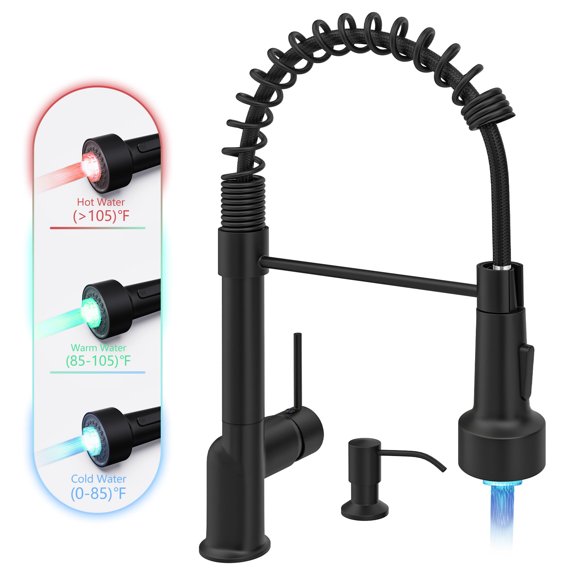 GIMILI Black Kitchen Faucet with Soap Dispenser Single Hole Pull Down Sprayer LED Faucet, Suitable for Farmhouses, RV, Laundry R