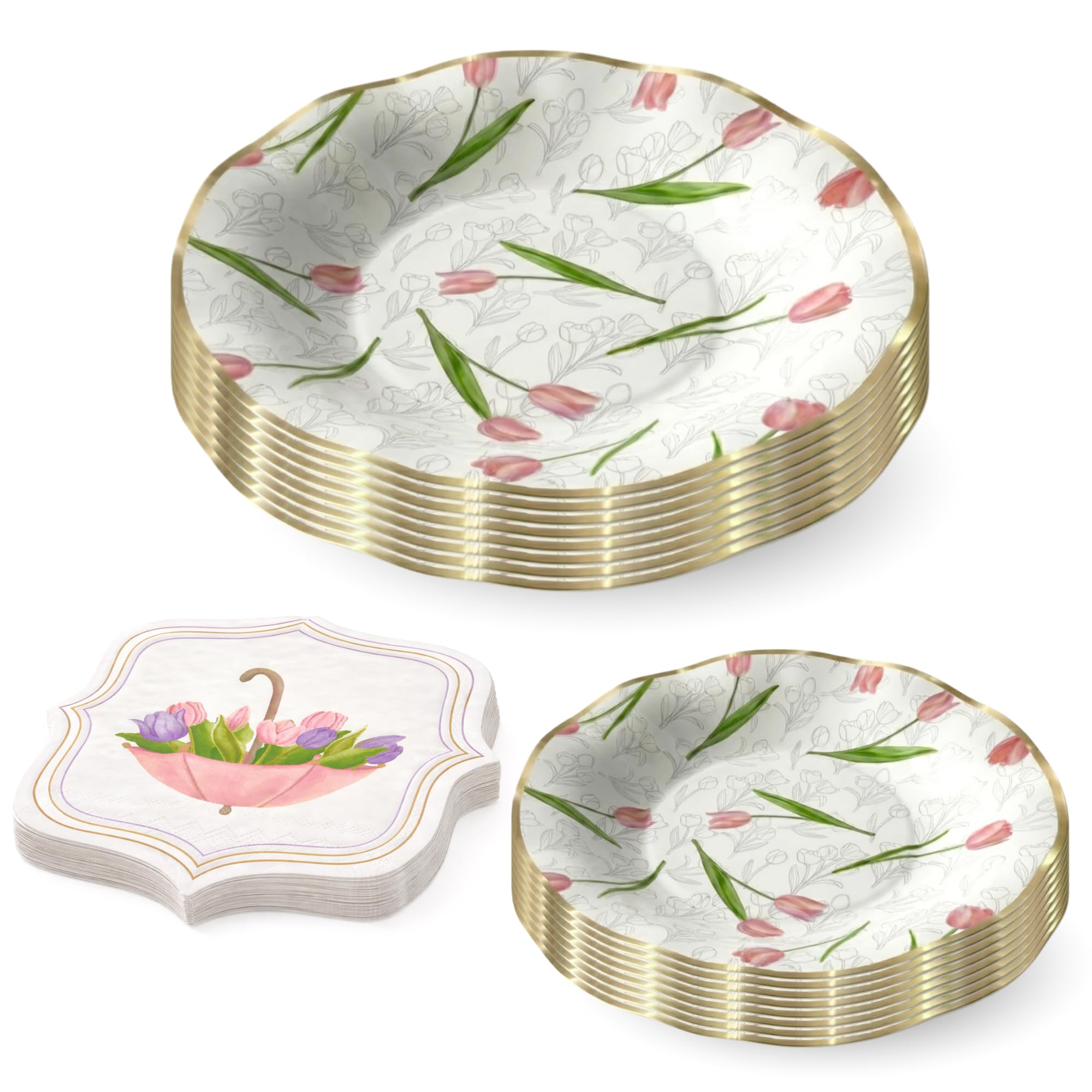 Disposable Spring Dinnerware Set - Spring Tulip Collection 8 Each: Dinner Plates, Dessert Plates and 16 Napkins by Charlies Part