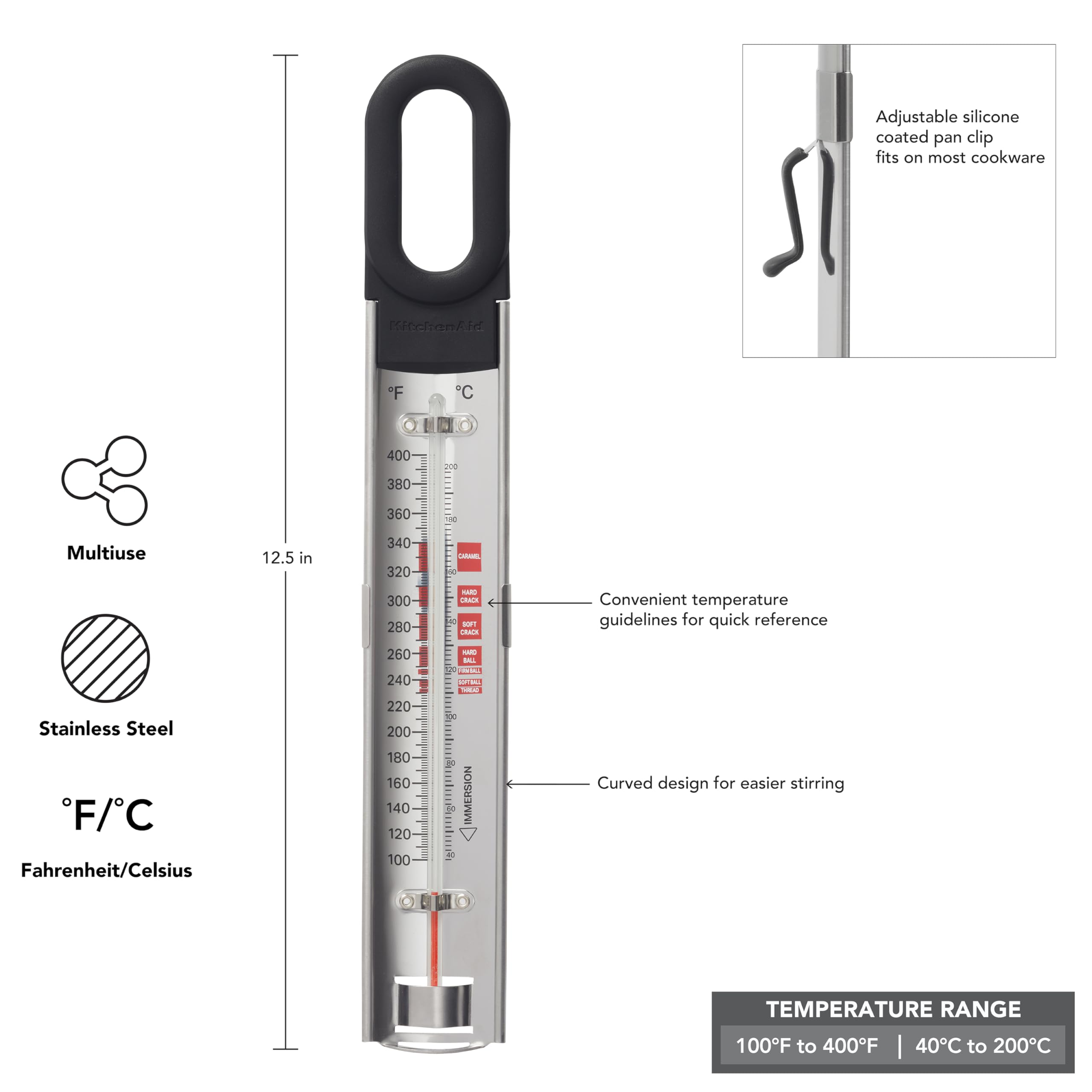 Kitchenaid Kq907 Curved Stainless Steel Paddle Style Candy And Deep Fry Thermometer With Pan Clip, Temperature Range: 100F To 40