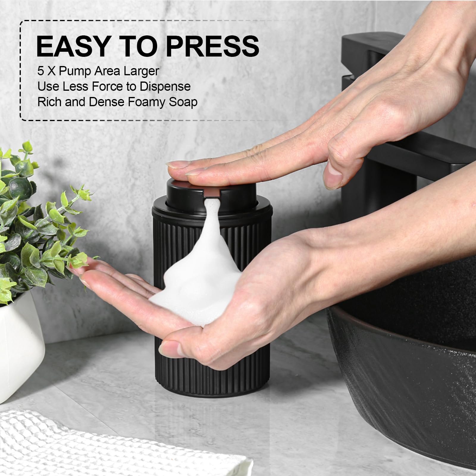 Kasunting Matte Black Foaming Soap Dispenser, Ribbed Glass Foam Hand Soap Dispenser For Bathroom, 15 Oz Refillable Foaming Pump