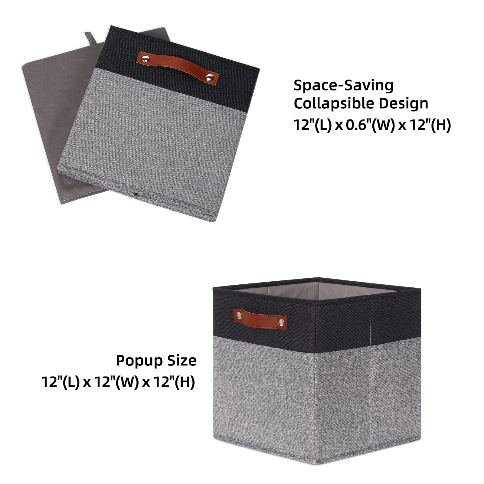 HNZIGE Cube Storage Baskets Fabric Storage Cubes 12 x 12  Set of 4 Decorative Storage Baskets for Organizing with Handles Closet Bins for Shelf Organizer Home Toy Nursery Closet(Black Gray)