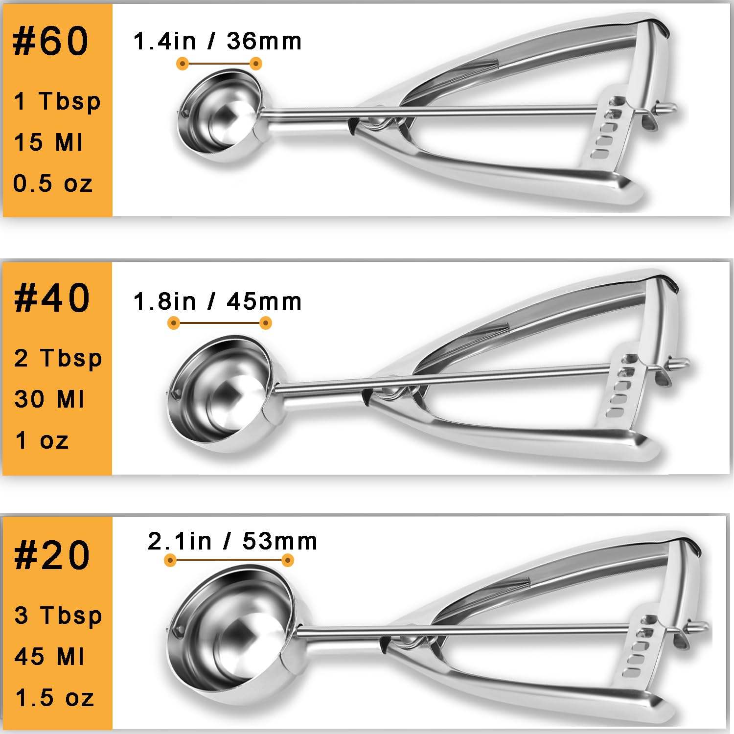 Fayomir Cookie Scoop Set of 3 - Stainless Steel, Silver - 1 Tbsp, 2 Tbsp, 3 Tbsp Melon Baller, Ice Cream Scoop, Model NOV