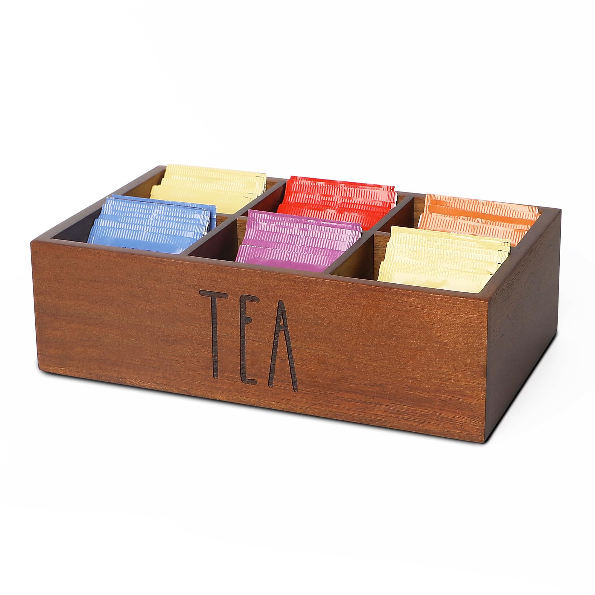 LBEMEY Tea Bag Organizer, Wood Tea Storage Containers with 6 Compartments, Sugar Packet Holder,Tea Bag Caddy Box for Cabinet Cou