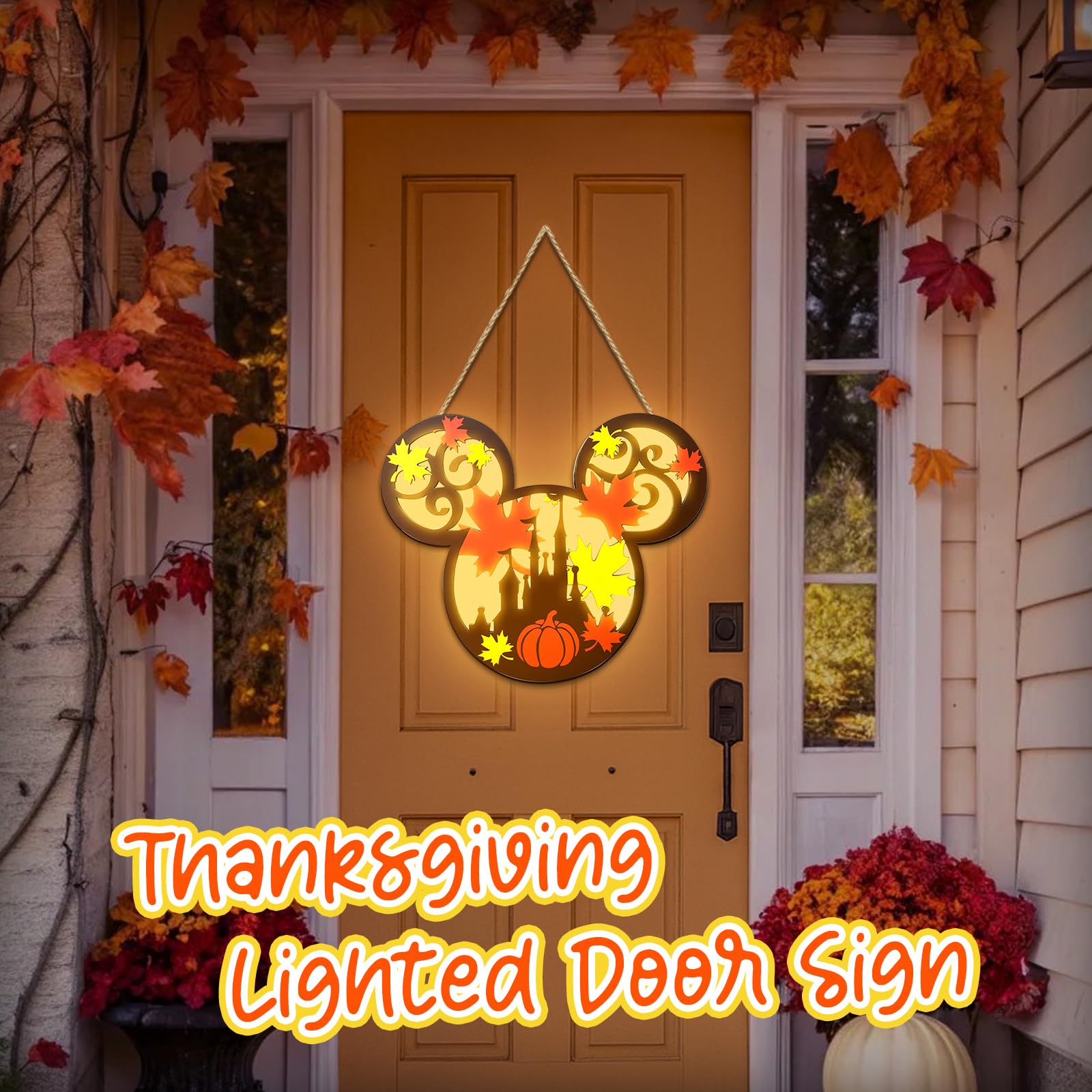 Fall Thanksgiving Wall Decor Lantern - Pumpkins Maple Leaf Door Hanging Sign Decor with Light, Autumn Farmhouse Wreath & Indoor