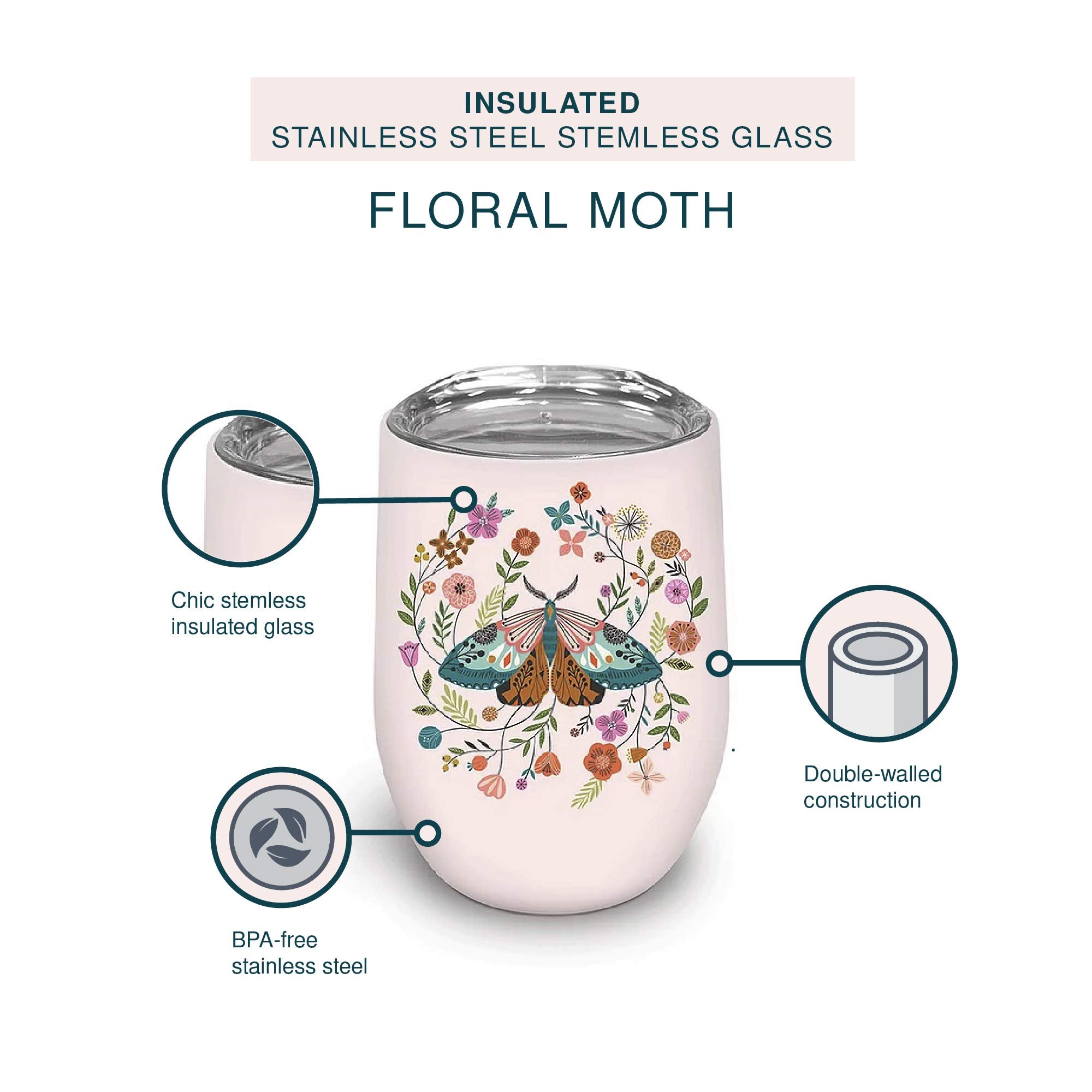 Studio Oh! Insulated Stainless Steel Stemless Glass Tumbler Floral Moth - 12-Ounce Double-Wall Construction With Full-Color Artw