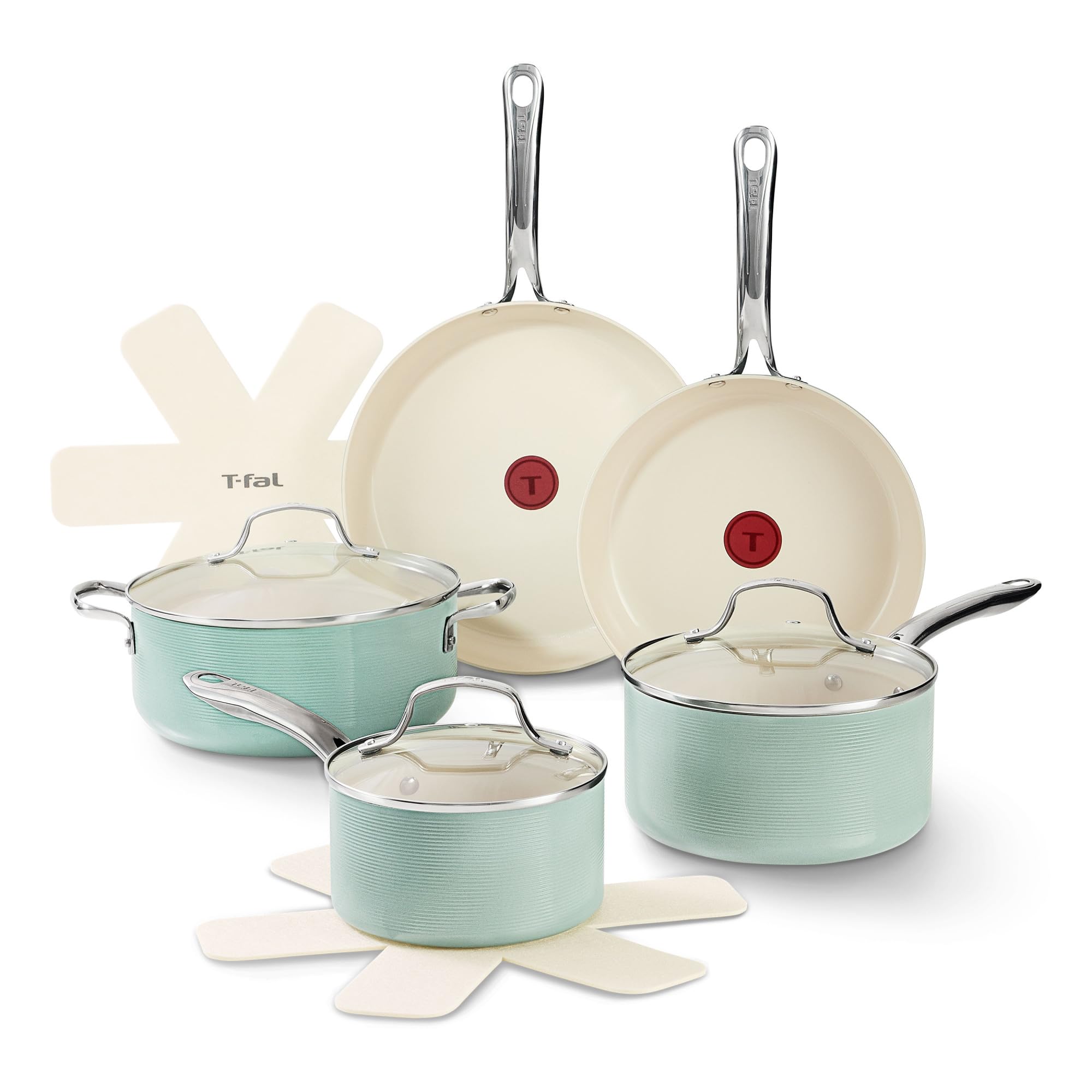 T-Fal Inspire Ceramic Nonstick Cookware Set, 10-Piece, Oven Safe to 500F, Stockpot, Ceramic Pots and Pans Set, Frying Pans, Sauc