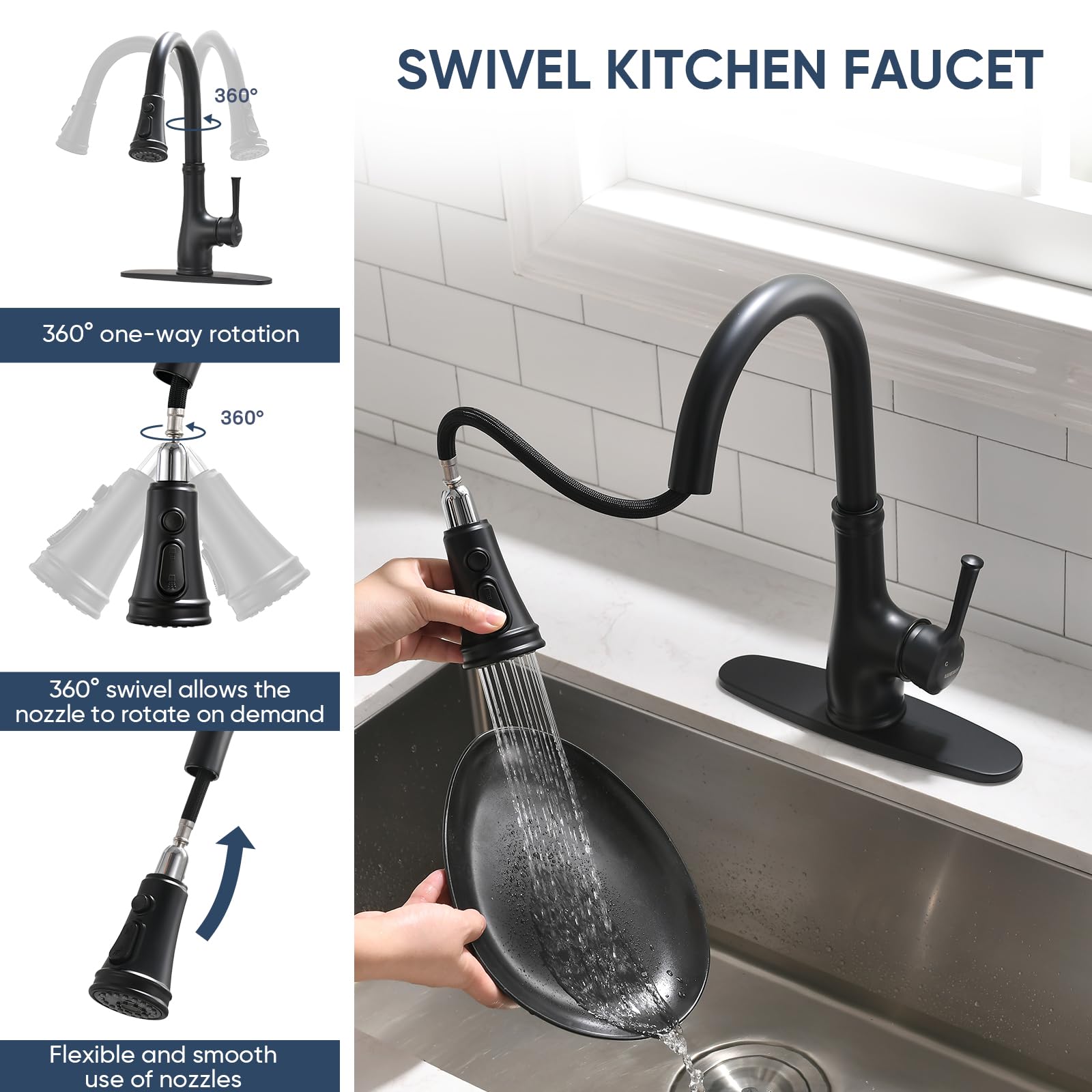 Black Kitchen Sink Faucet  Single Handle Pull Down Matte Black Kitchen Faucet with Sprayer  WEWE