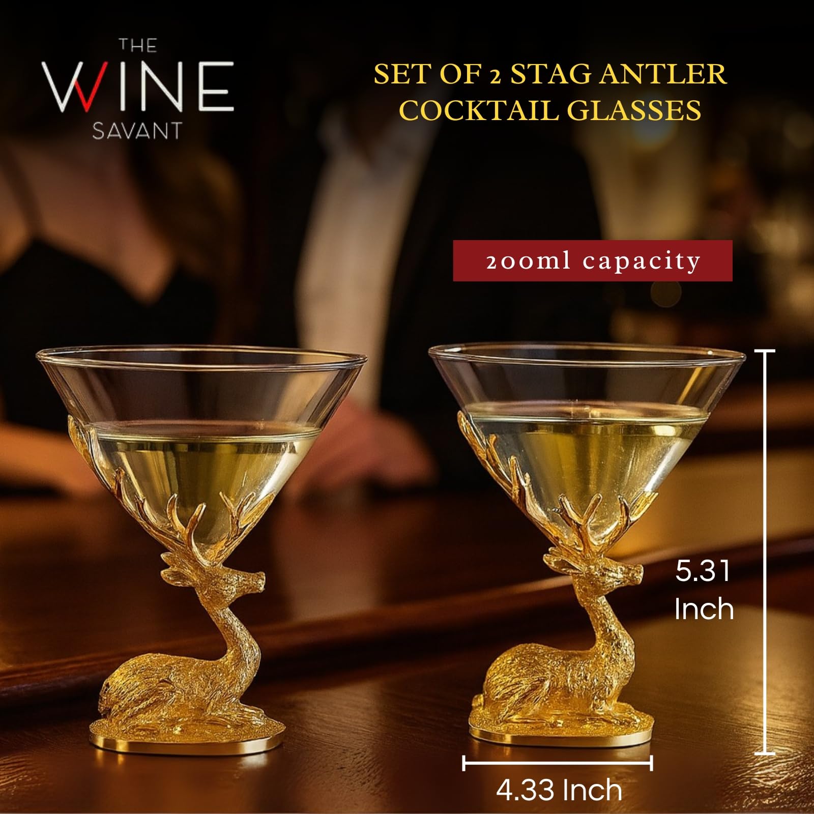 Stag Antler Cocktail Glasses Set of 2 Gold Deer Design Elegant Animal Inspired Barware