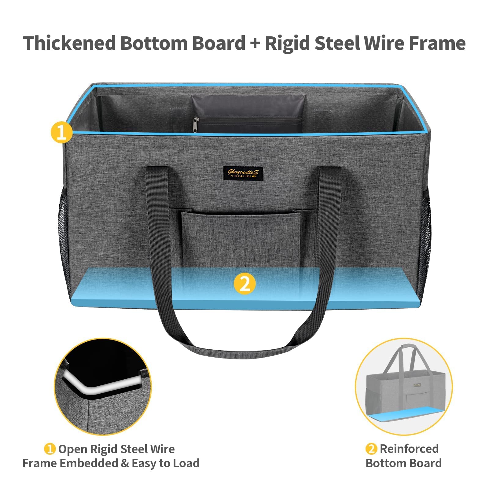 Ghvyennttes Extra Large Utility Tote Bag, Stand Up Utility Tote With Metal Wire Frame & Hard Bottom Board, Reusable Grocery Bags