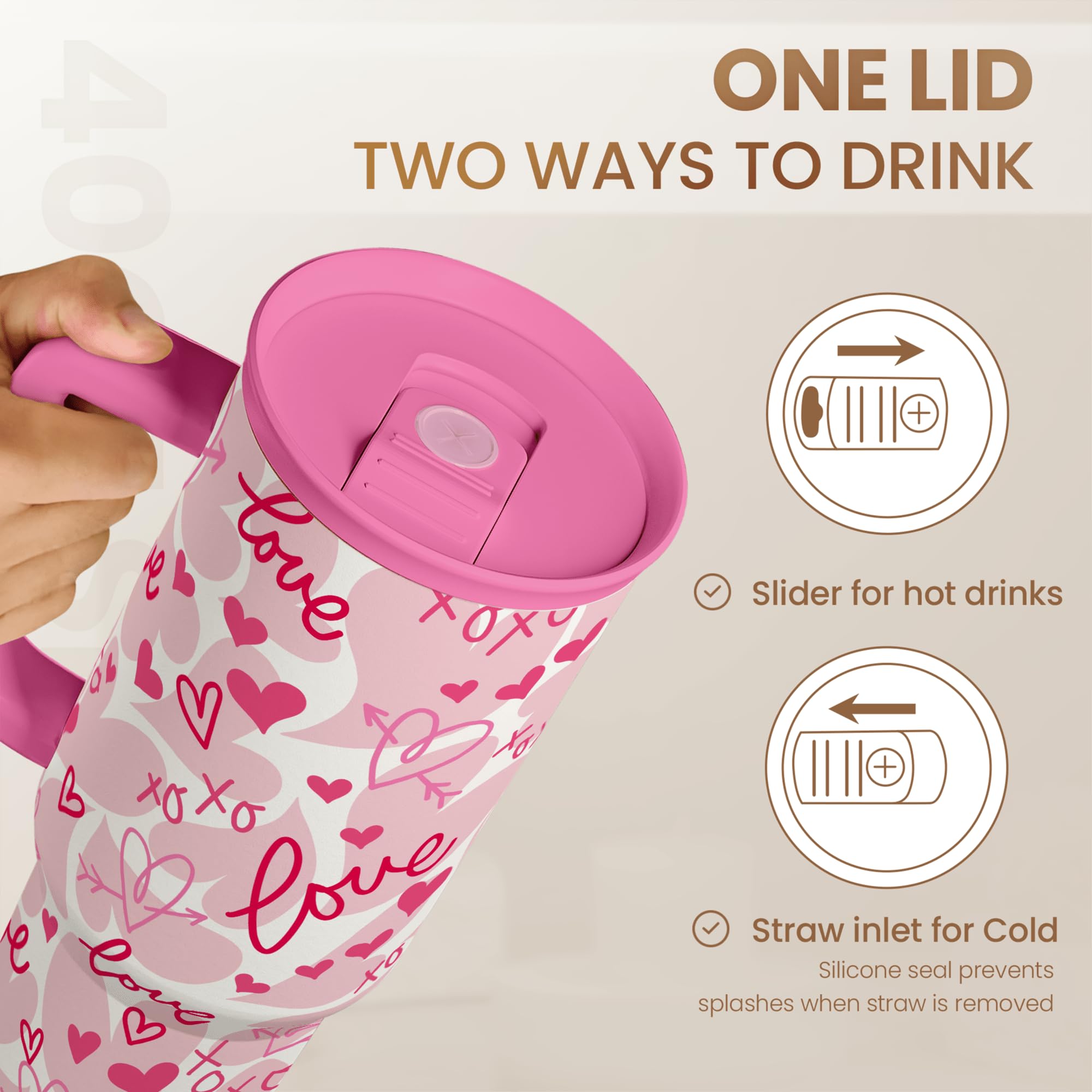 SANDJEST Heart Tumbler with Handle 40oz, Valentines Stainless Steel Insulated Tumblers Coffee Travel Cup with Straw Lid, Gifts f