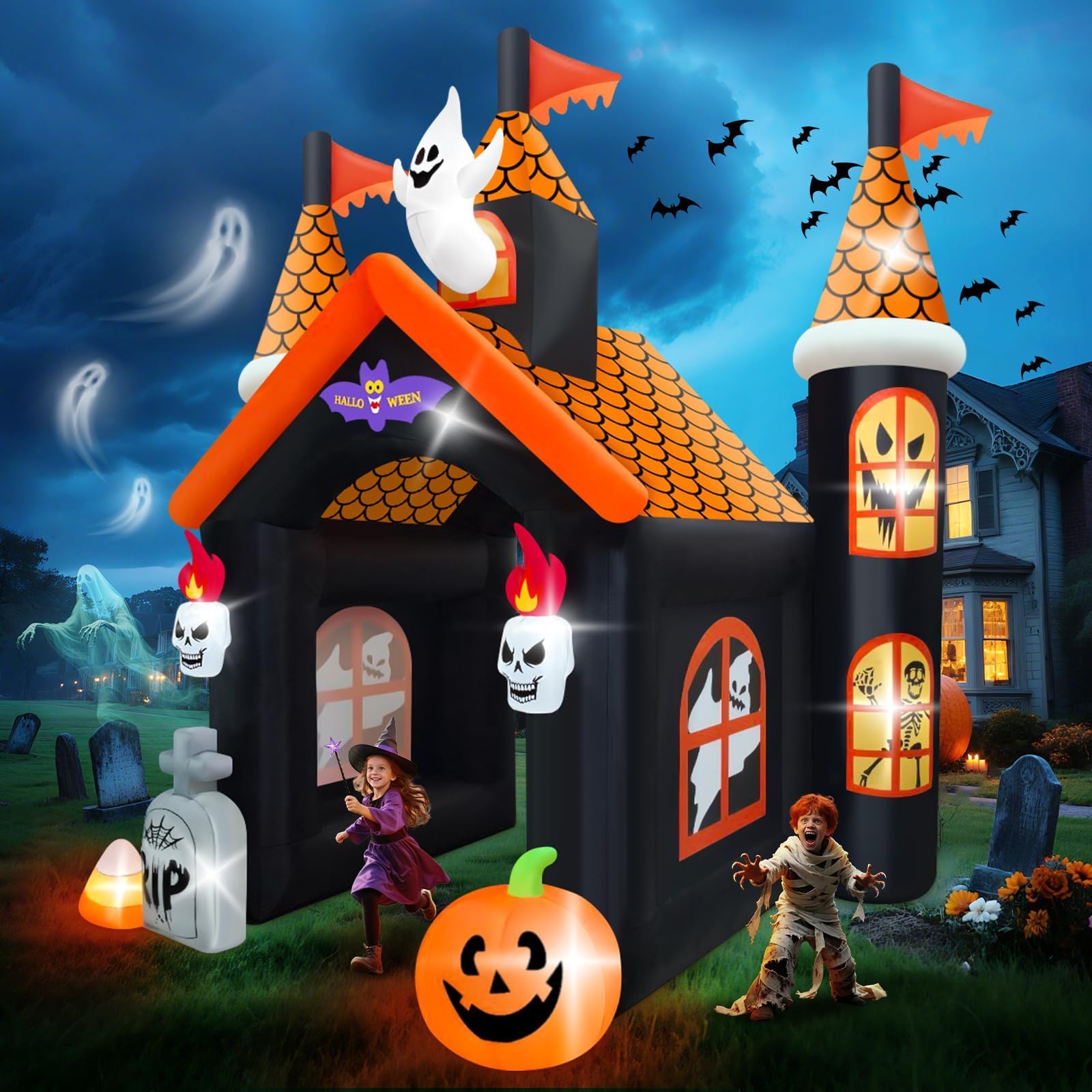 12FT Halloween Inflatable Archway with LED Light, Kalolary Large Haunted House Inflatable Ghost Pumpkin Blow up Tunnel Halloween