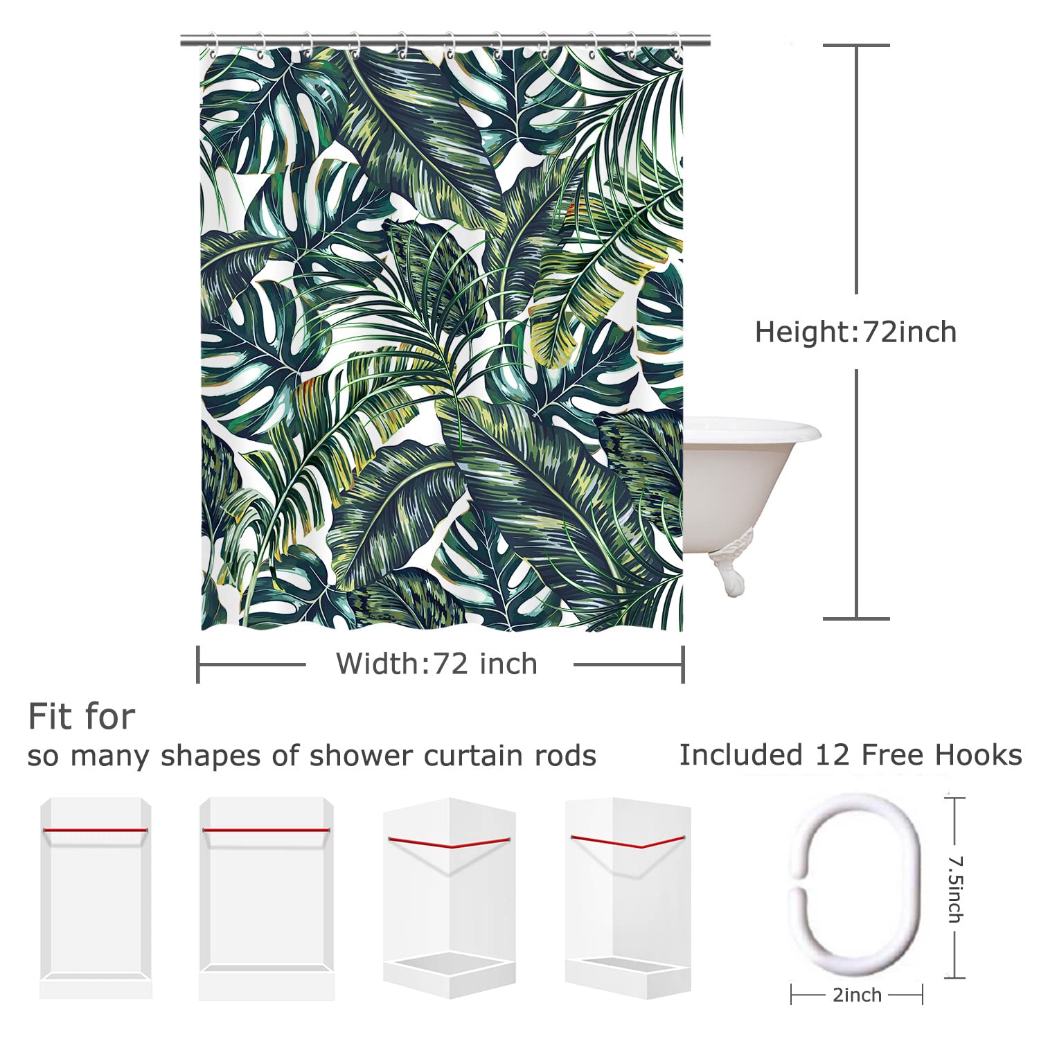 Livilan Green Shower Curtain, Tropical Shower Curtain, Plant Shower Curtains For Bathroom, Leaf Shower Curtain, Botanical Shower