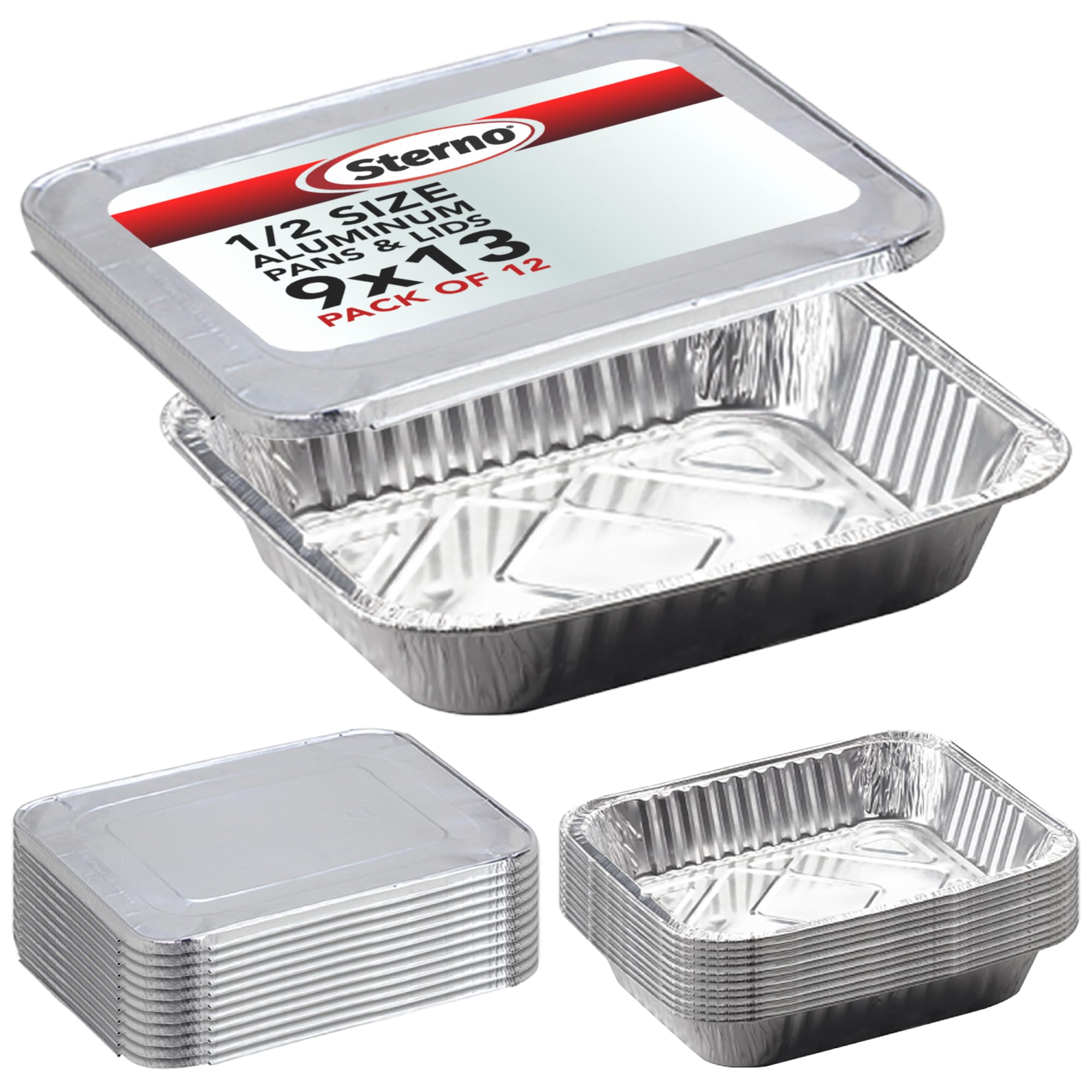 Sterno Aluminum Pans with Lids, Half Size, 9x13, Disposable Foil Tray for Baking, Roasting, Chafing, Great for Storage and Lefto