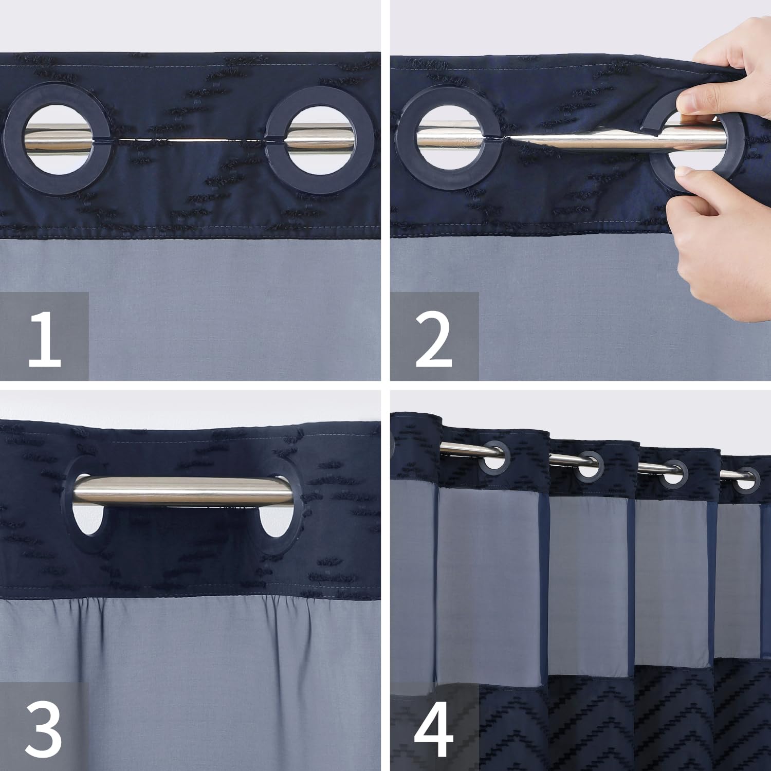 Eachope Long No Hook Tufted Chevron Striped Shower Curtain With Snap-In Fabric Liner Set-71Wx80H(78H),Navy Blue Hotel Grade Boho