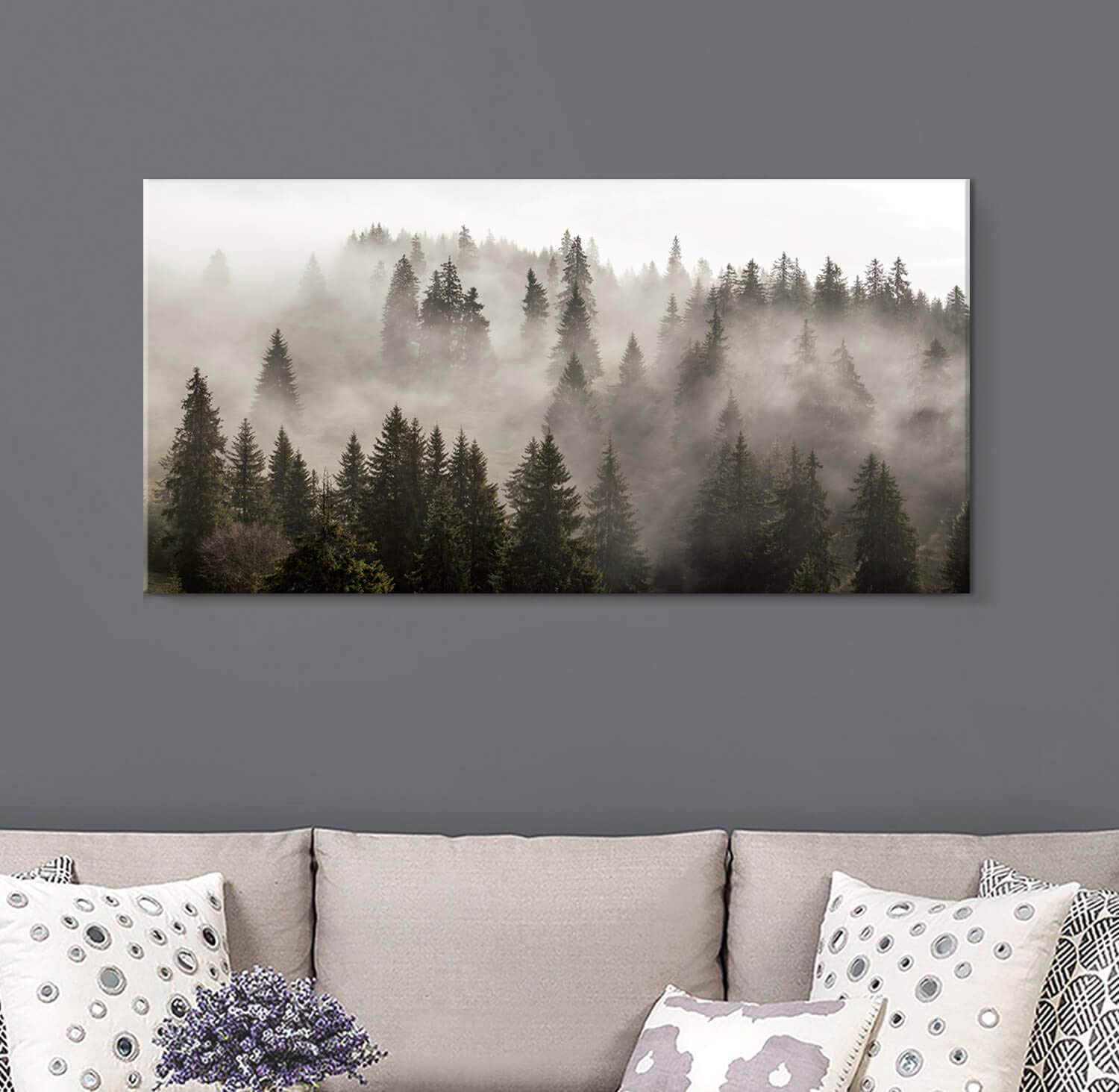 Artistic Path Forest Picture Canvas Wall Art: Foggy Landscape Artwork Photographic Print For Living Room (48''W X 24''H,Multi-Si