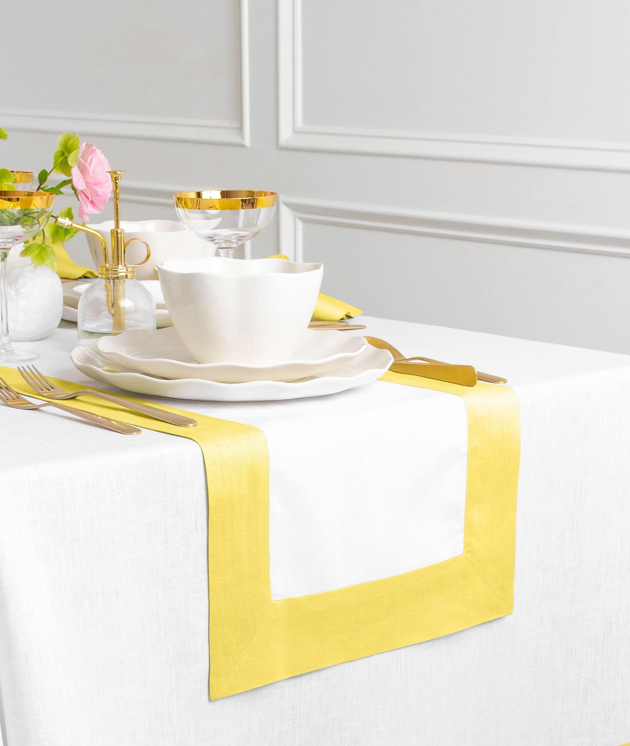 Solino Home Linen Table Runner 14 x 72 Inch - 100% Pure Linen Sunshine Yellow and White Table Runner for Spring  Summer  Dining - Contempo  Handcrafted from European Flax and Machine Washable