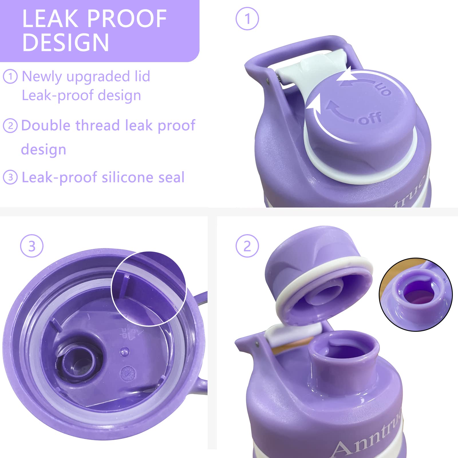 Anntrue Collapsible Silicone Water Bottle 18oz  Food-Grade  Leak Proof  Foldable Travel Water Bottle(Lilac)