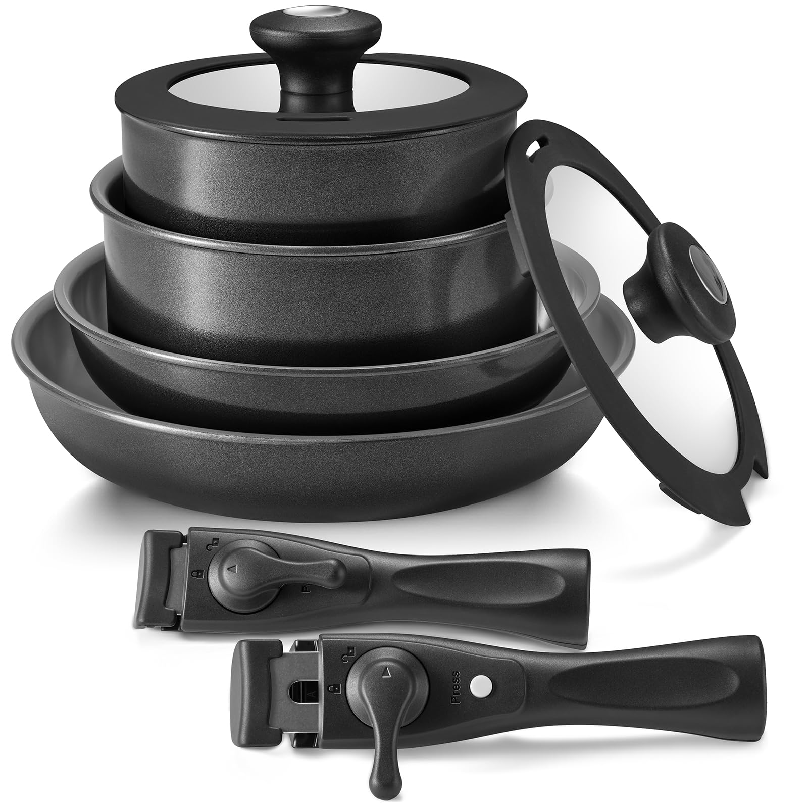 BEZIA Induction Cookware with Healthy Ceramic Coating, Camping Pots and Pans Set Nonstick 10pcs with Detachable Handles, Inducti