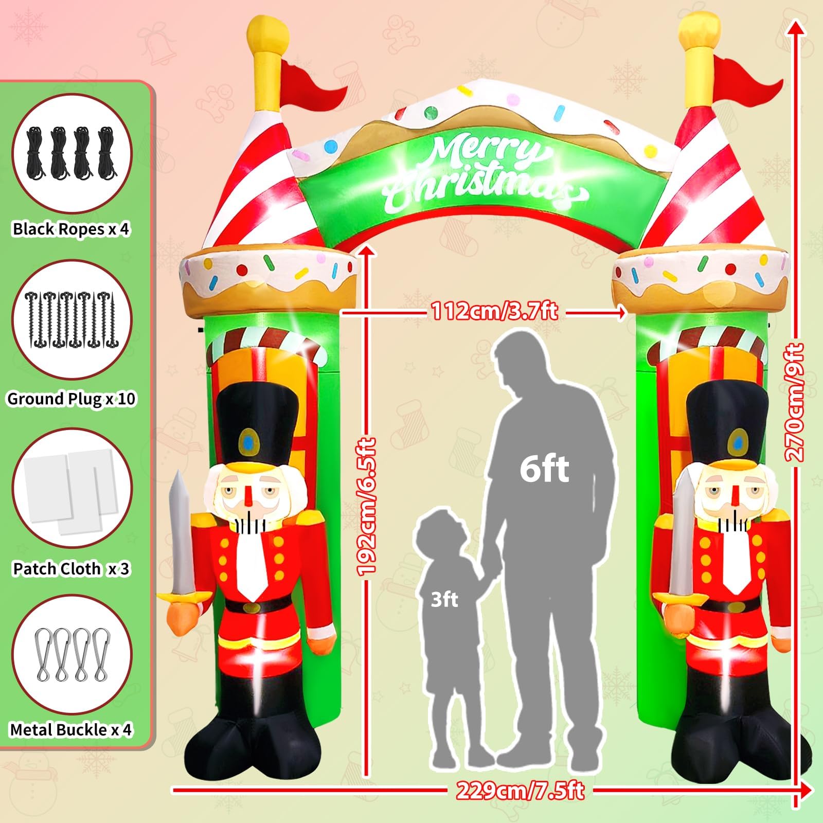 Kalolary 9FT Christmas Inflatable Archway, Nutcracker Soldier Archway Outdoor Merry Christmas Blow Up Decoration with Build-in L
