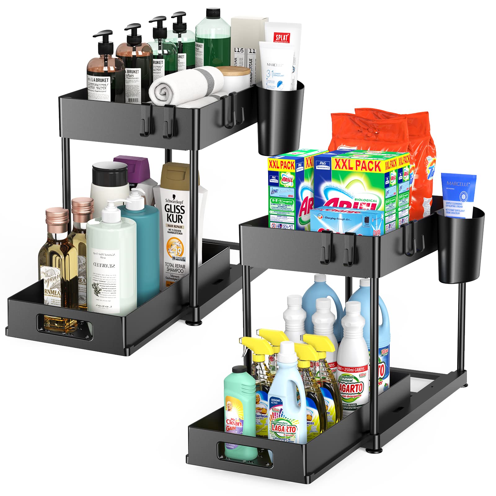 Kjfeoiye Under Sink Organizers And Storage, 2 Pack Large Capacity Heavy Load Pull-Out Under Sink Shelves With Sliding Drawer For