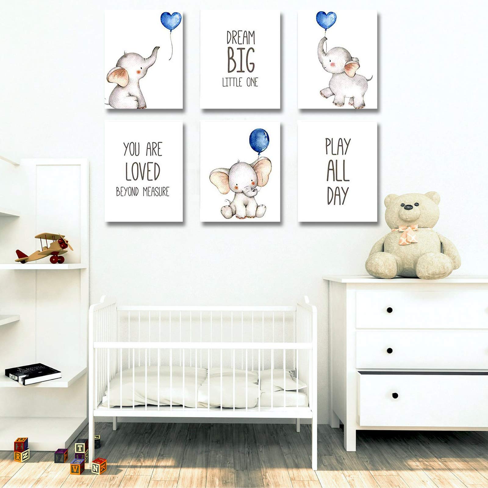 iMagitek Set of 6 Unframed Baby Boy Nursery Wall Art Prints  Blue Elephant Nursery Wall Decor  Elephants with Blue Balloons Wall Art Decorations for Baby Boy Nursery  Boy's Room (8'' x 10'')