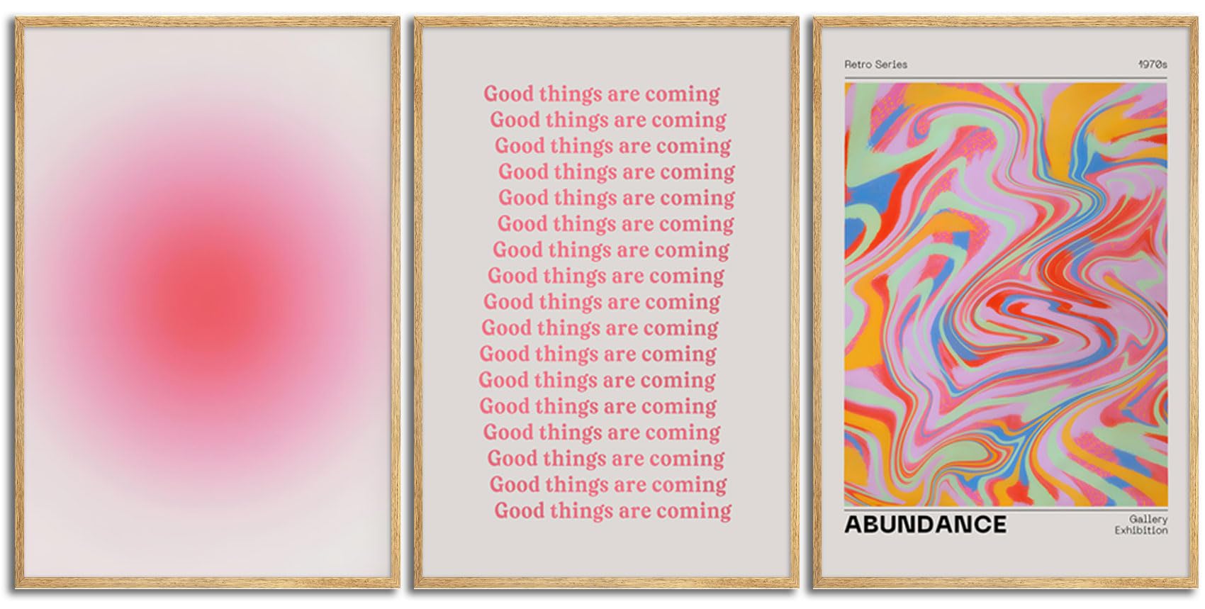 Good Things Are Coming Canvas Wall Art Aesthetic Set Of 3 | Gradient Psychedelic Aura Angel Posters Prints Room Decor | Pink Wal