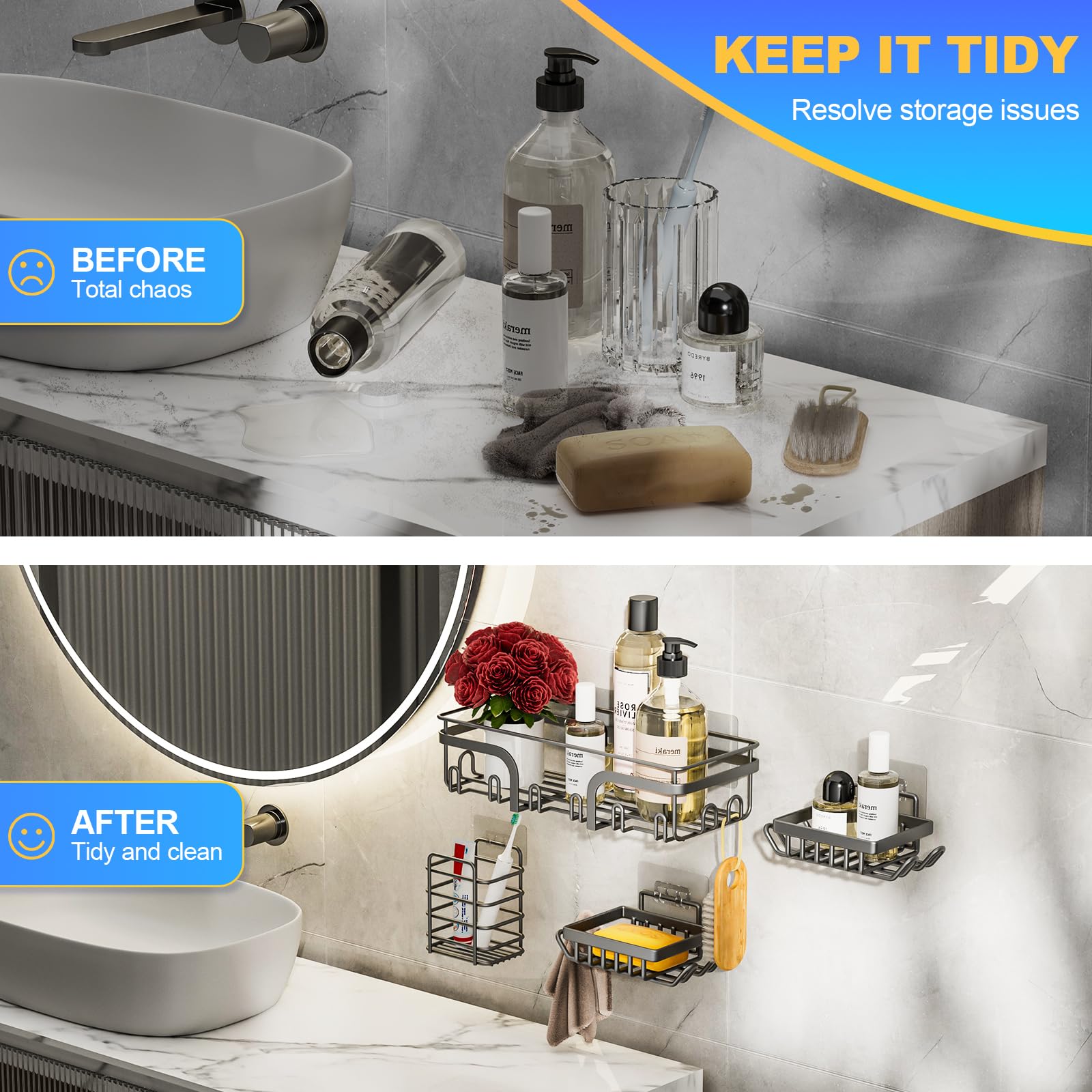 Adhesive Shower Caddy, 5 Pack No Drilling Shower Shelves, Rustproof Stainless Steel Bath Shower Organizers, Large Capacity Showe